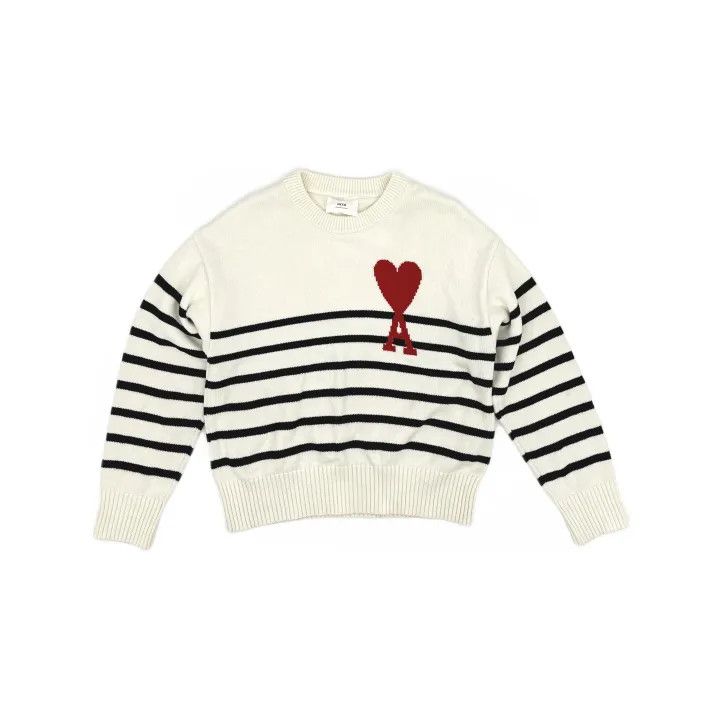 AMI AMIPARIS Heart Logo Striped Knit Sweater 0079 Size US M / EU 48-50 / 2 - 2 Thumbnail