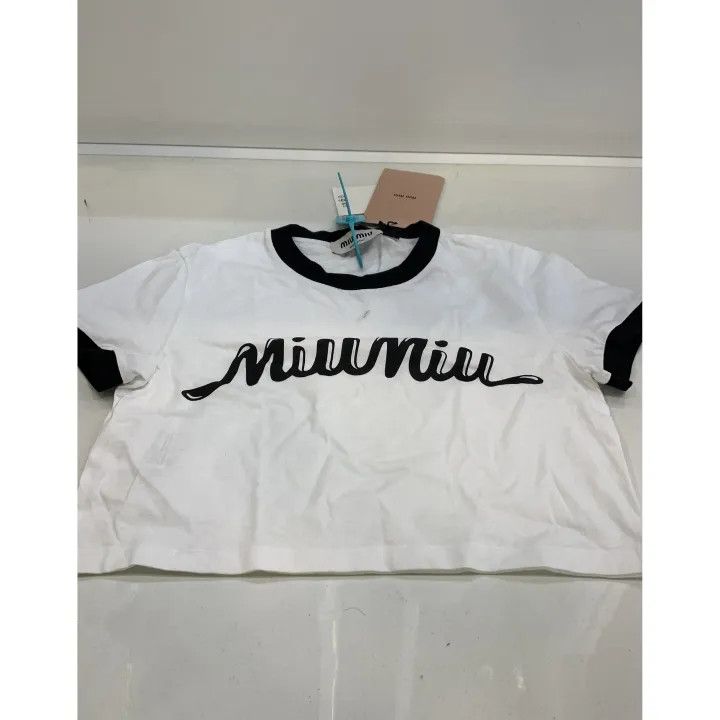 Miu Miu Miu Miu Color-Blocked Logo Print Cropped T-Shirt 0079 Size S / US 4 / IT 40 - 4 Thumbnail