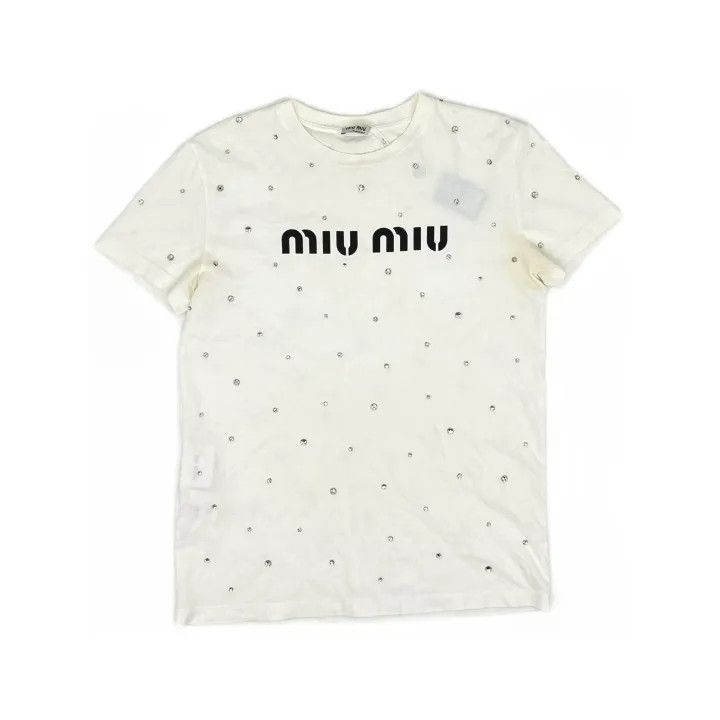 Miu Miu Miu Miu Logo Print Bejeweled White T-Shirt 0079 Size S / US 4 / IT 40 - 2 Thumbnail