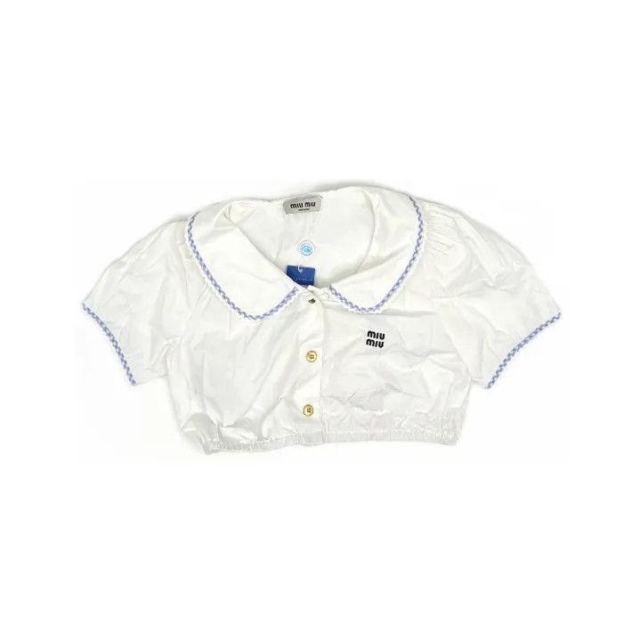 Miu Miu Miu Miu White Cropped Shirt with Print 0079 Size L / US 10 / IT 46 - 2 Thumbnail