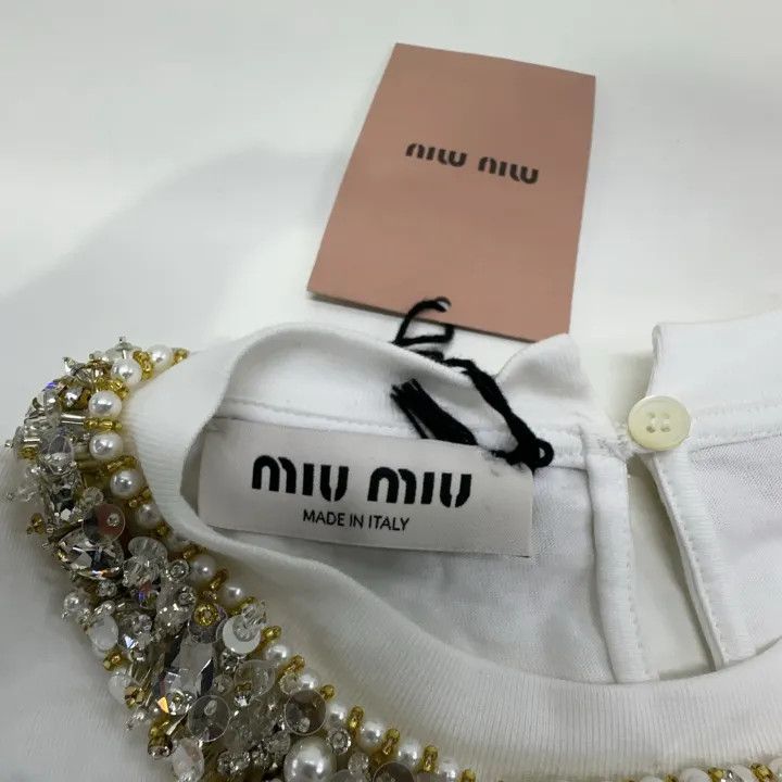 Miu Miu Miu Miu Logo Print Rhinestone Collar T-Shirt 0079 Size S / US 4 / IT 40 - 6 Thumbnail