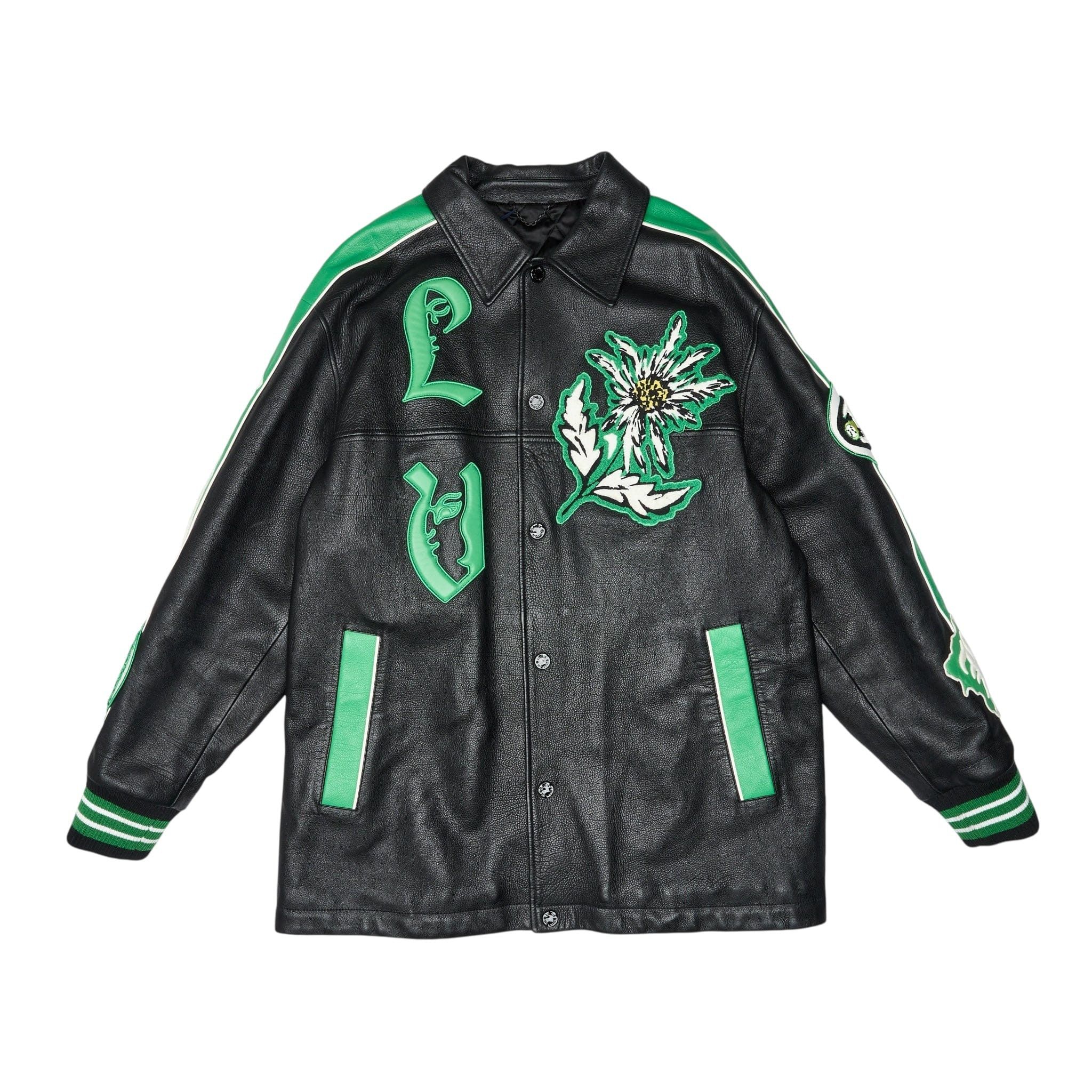 Flower Patch Long Leather Coach Jacket Black Green Multi