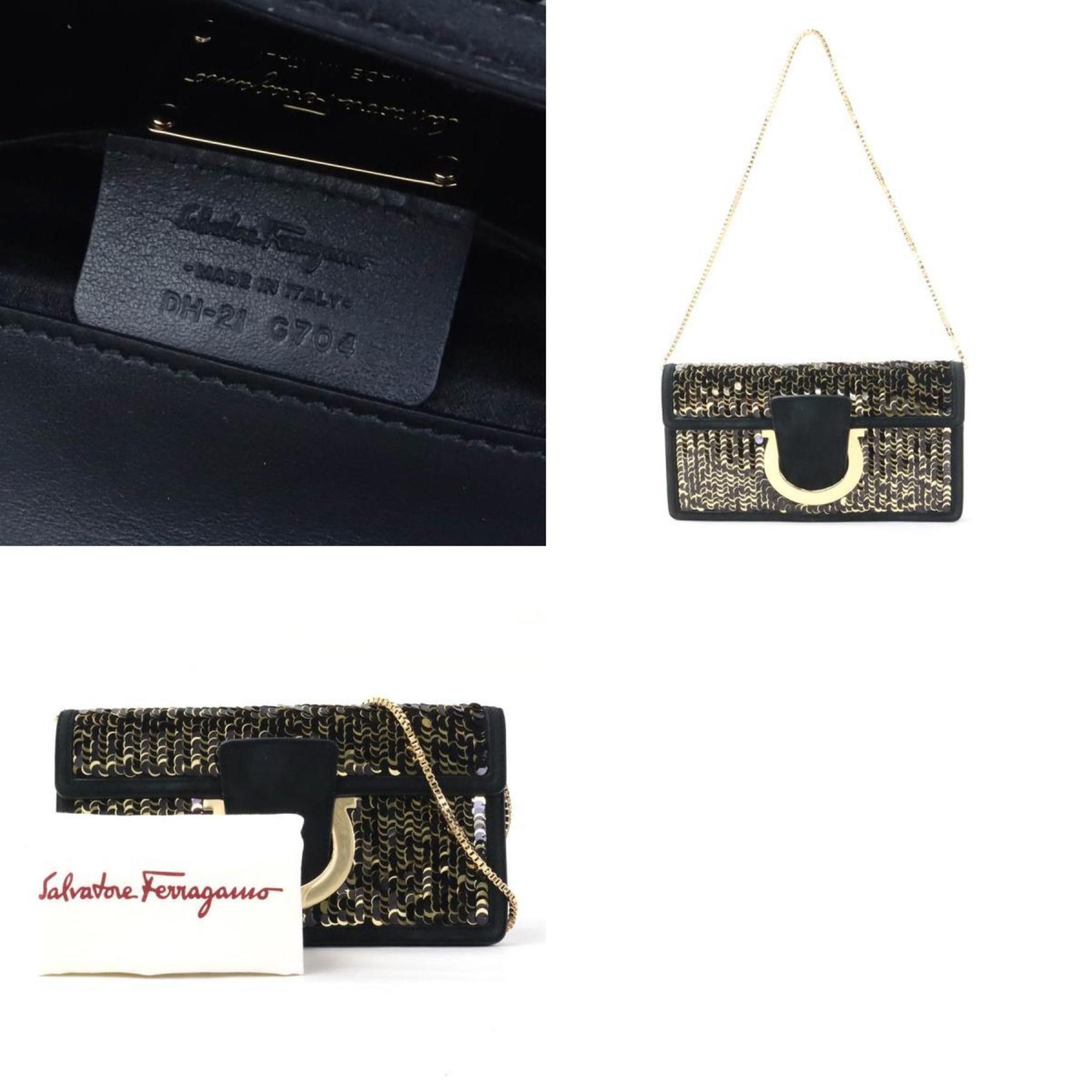Salvatore Ferragamo Salvatore Ferragamo Shoulder Bag Clutch Gancini Sequin Nubuck Black Gold Women's e60495g Size ONE SIZE - 5 Thumbnail