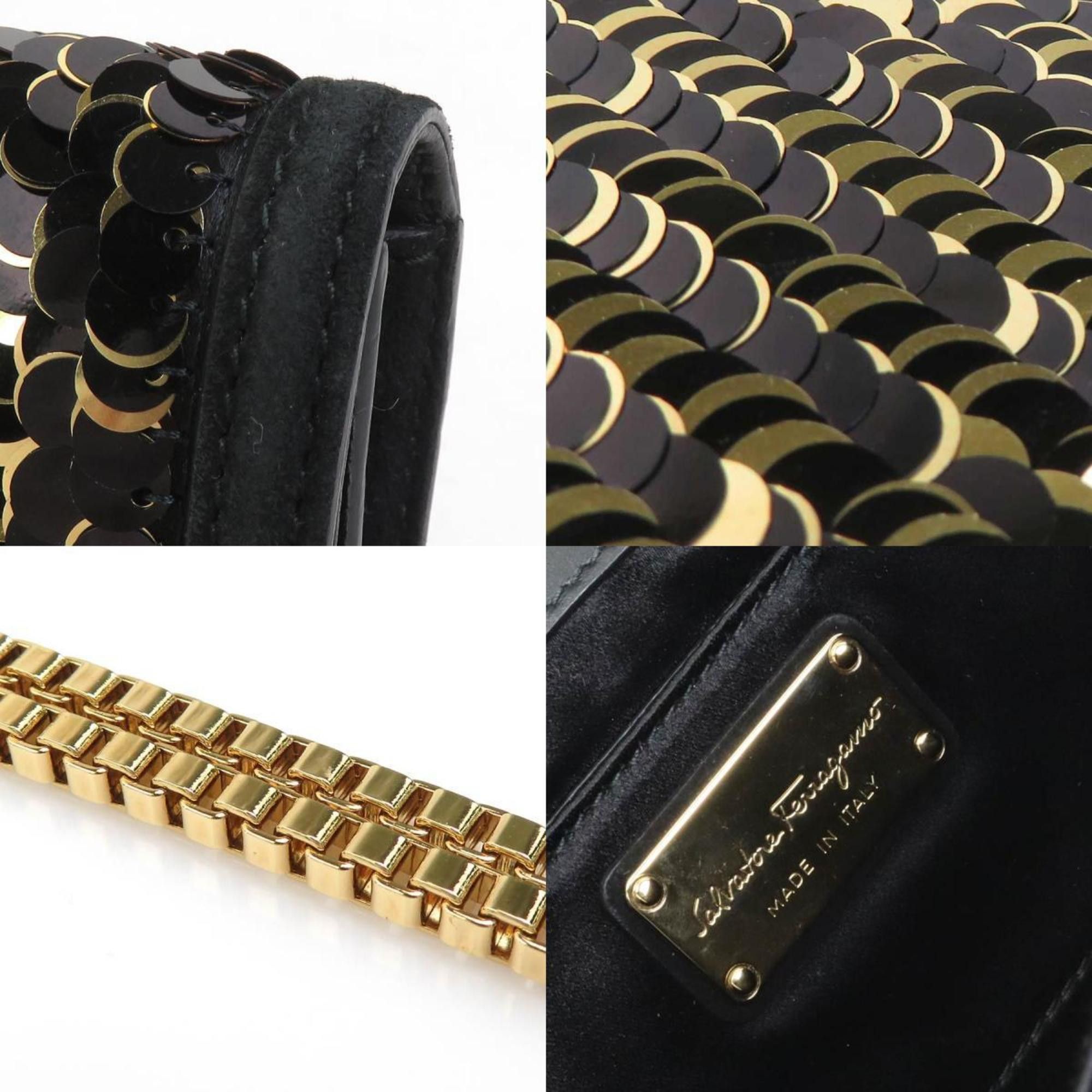 Salvatore Ferragamo Salvatore Ferragamo Shoulder Bag Clutch Gancini Sequin Nubuck Black Gold Women's e60495g Size ONE SIZE - 4 Thumbnail