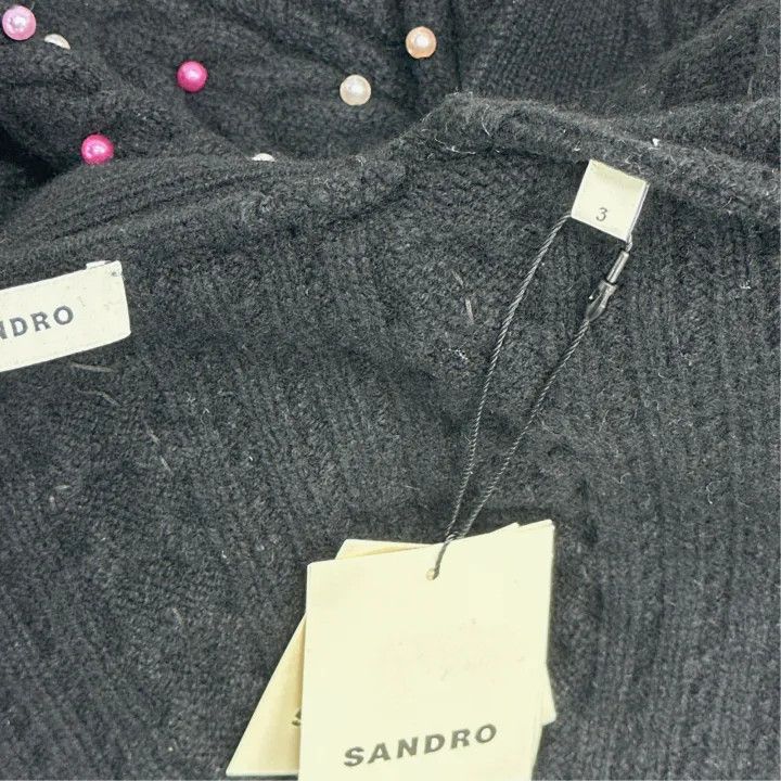 Sandro Sandro Black Puff Sleeve Knit Top with Pearls 0079 Size M / US 6-8 / IT 42-44 - 2 Thumbnail