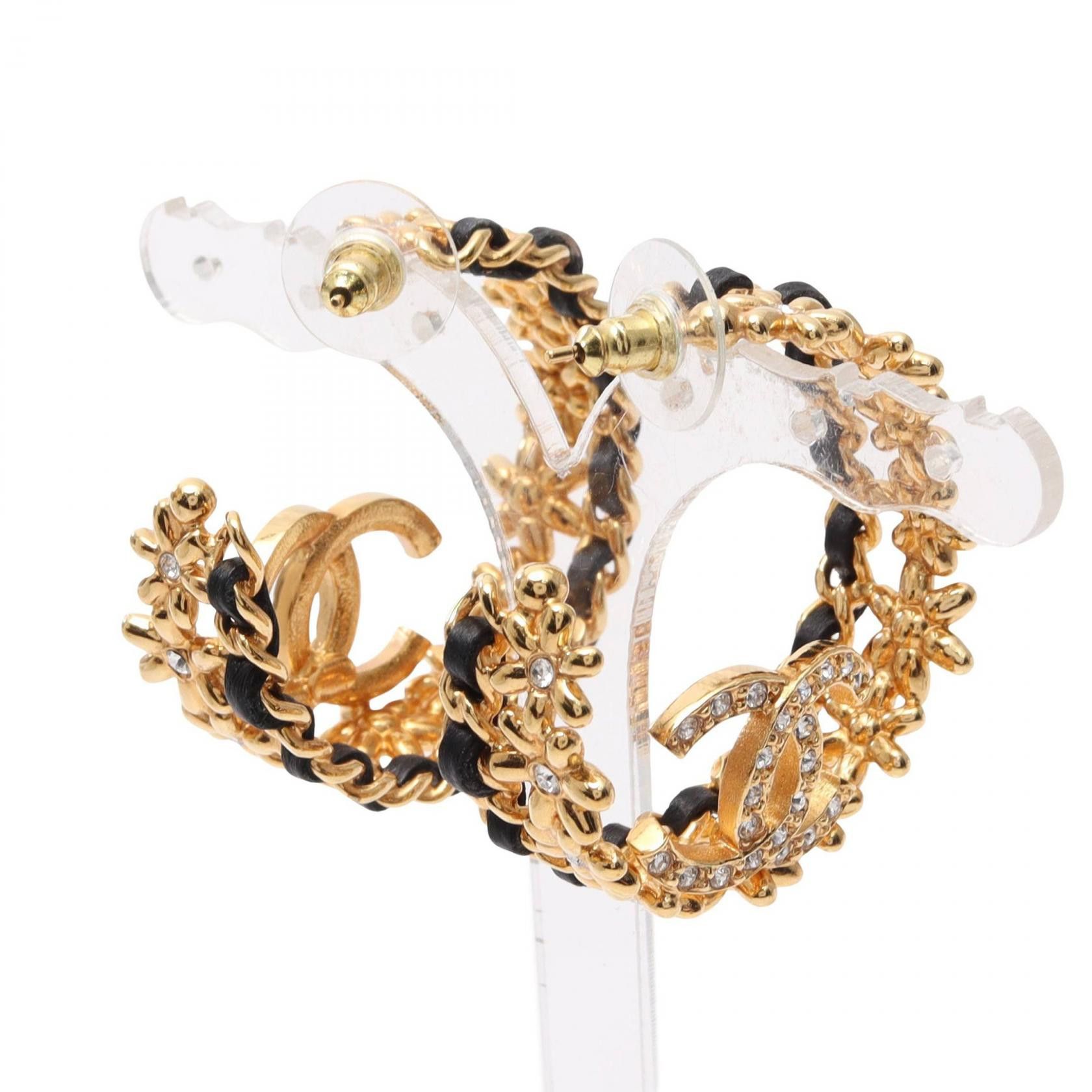 Chanel Chanel Chanel Coco Mark Leather Rhinestone Earrings Metal Earrings Size ONE SIZE - 3 Thumbnail