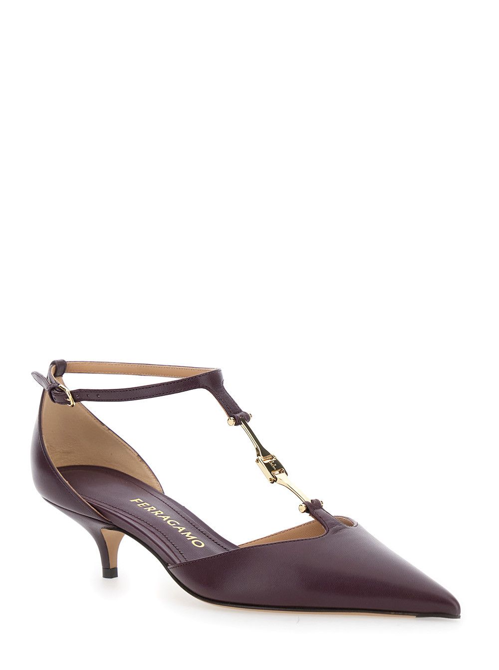 Salvatore Ferragamo Bordeaux Pumps with T Strap and Low Heel in Leather Woman Size US 10 / IT 40 - 2 Thumbnail