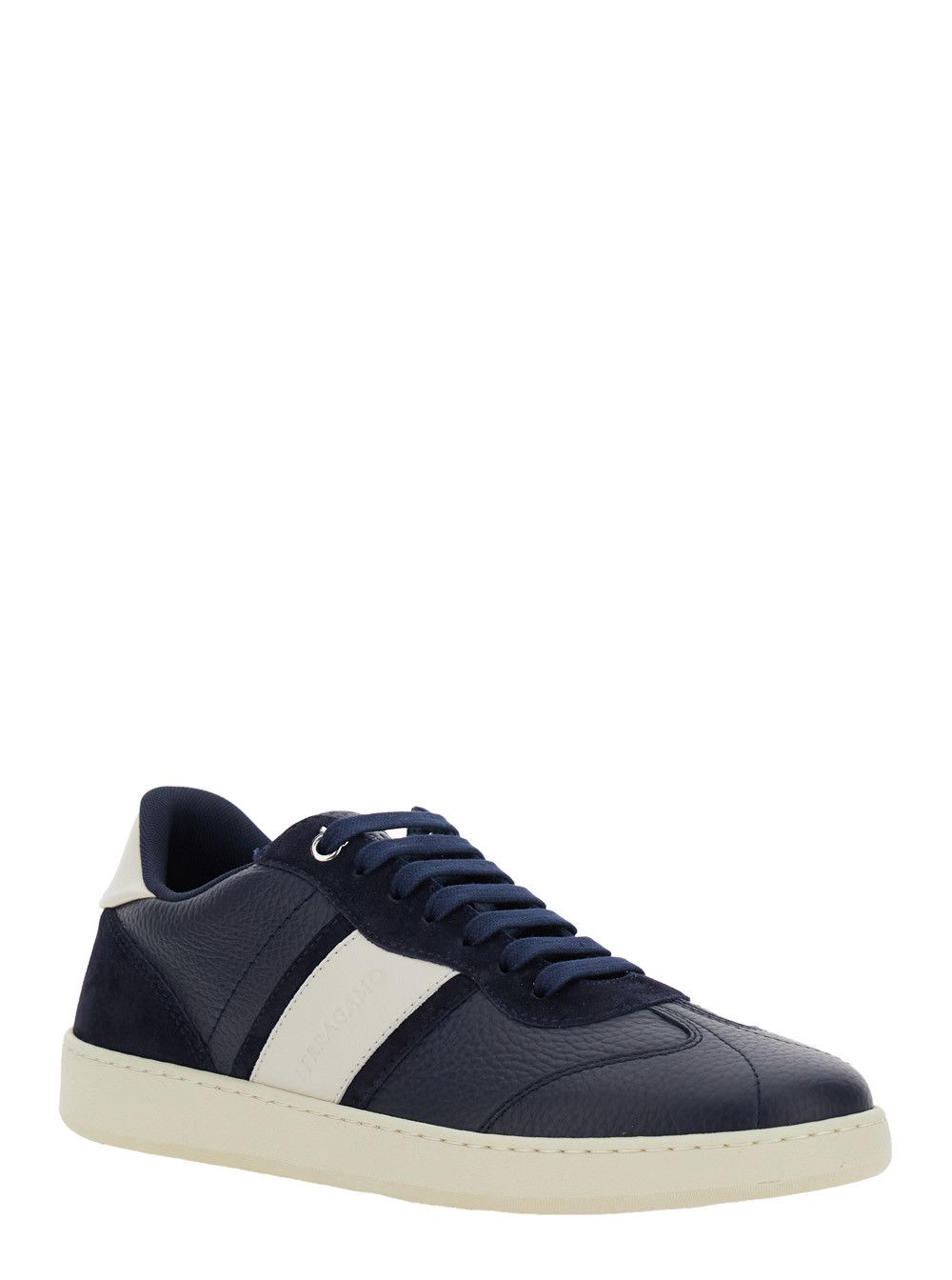 Salvatore Ferragamo Blue 'Achille' Low Top Sneakers with Contrast Heel and Logo Lettering on the Tongue in Leather for Men Size US 7 / EU 40 - 2 Thumbnail
