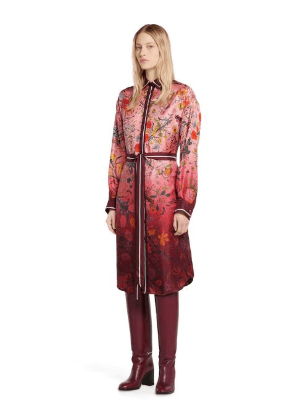 Gucci Bordeaux Gradient Dress with Removable Belt and All-Over Flora Print in Silk Woman Size M / US 6-8 / IT 42-44 - 4 Thumbnail