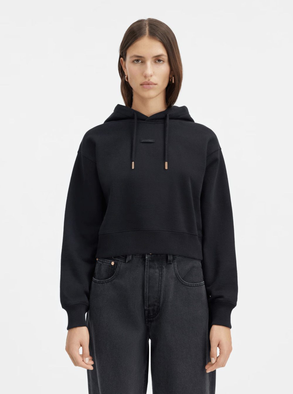 Jacquemus Black 'Le Hoodie Gros Grain' Crop Hoodie with Drawstring Hood and Logo Patch on Front in Cotton for Women Size M / US 6-8 / IT 42-44 - 4 Thumbnail