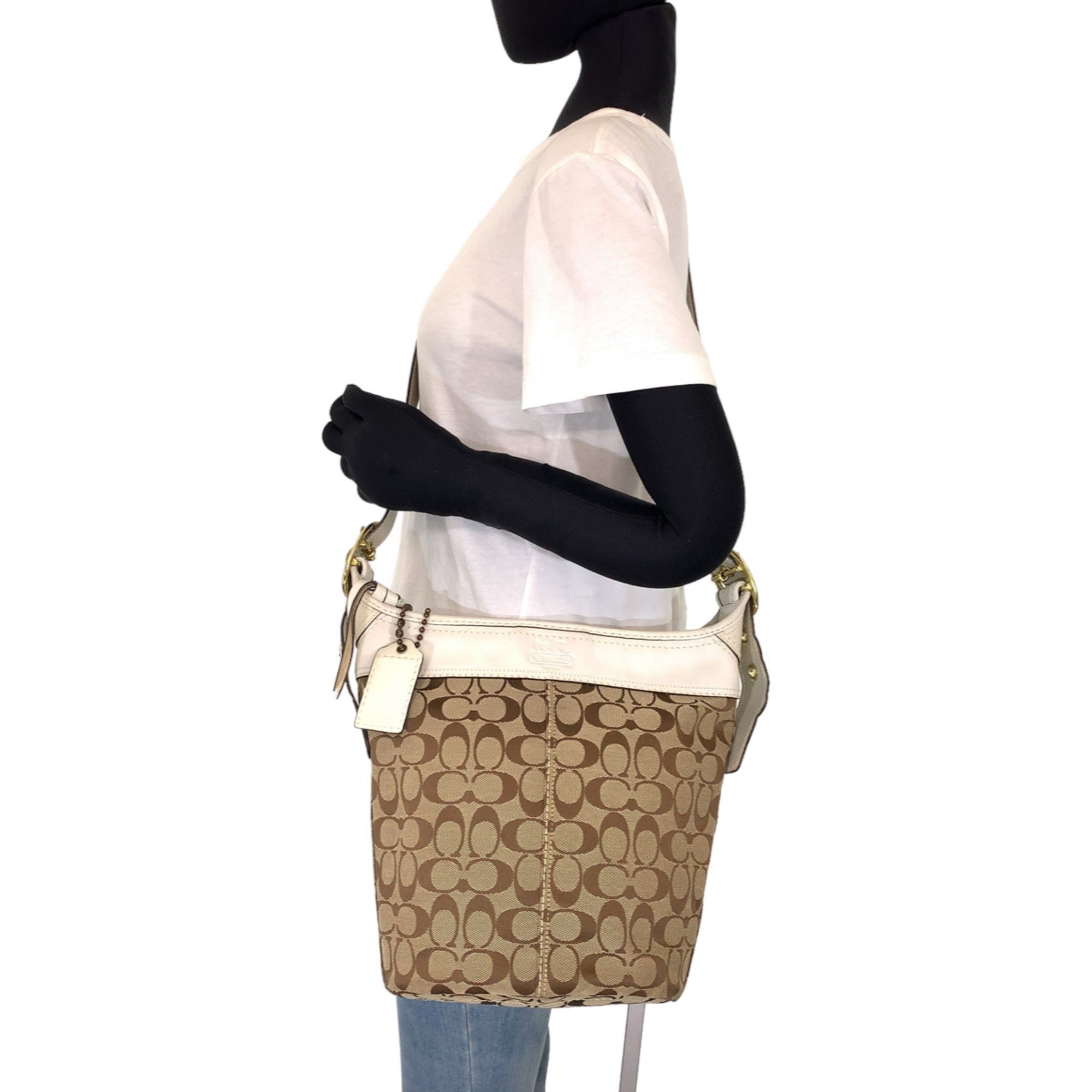 COACH Signature Duffle Beige White Canvas Leather 11437 Hobo Shoulder Bag Crossbody for Women