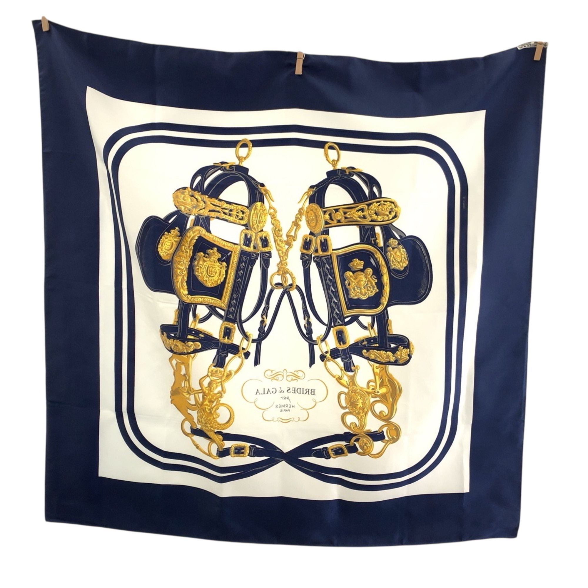Hermes Carre 90 BRIDES de GALA Navy Gold Scarf Muffler for Women