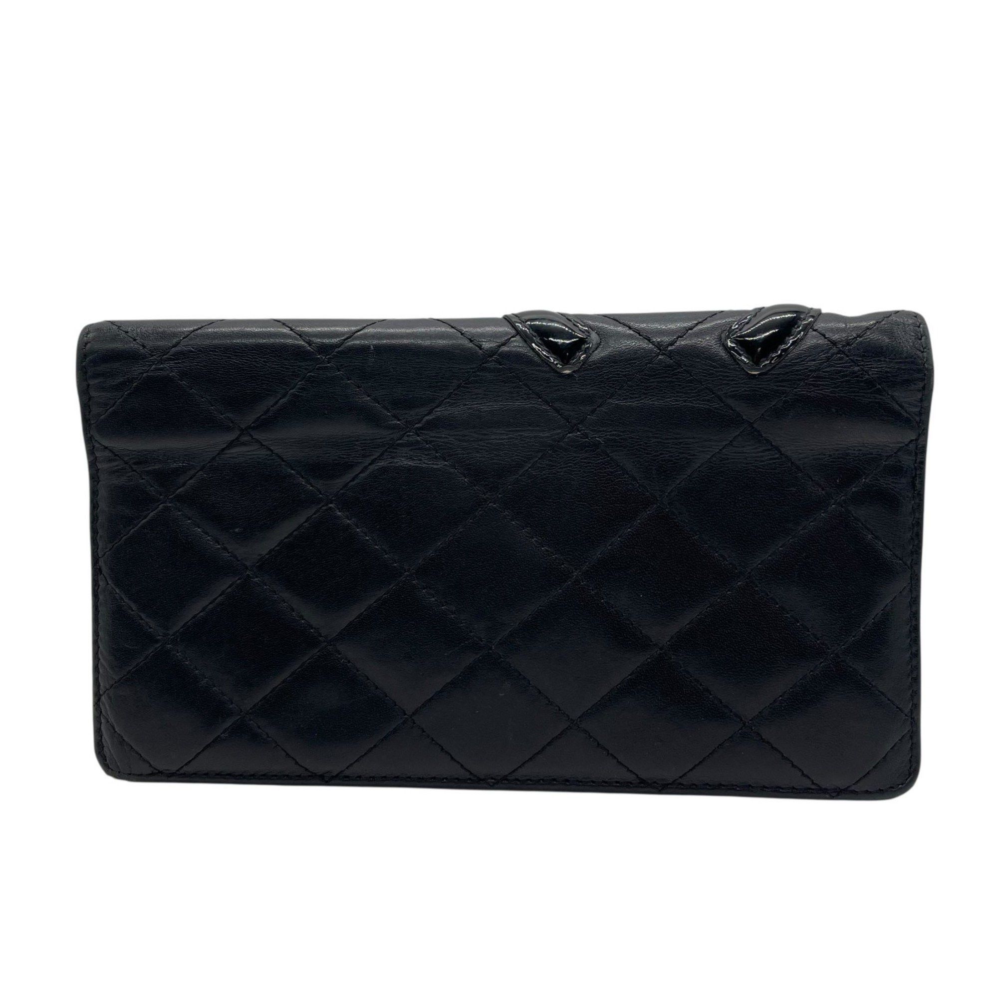 CHANEL Cambon Line Coco Mark Bi-fold Long Wallet Black Pink Patent
