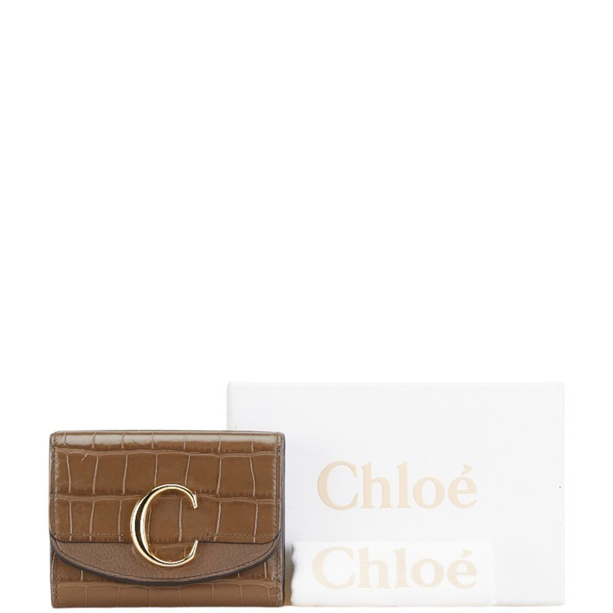 Chloe Chloé Chloe Crocodile Embossed Tri-fold Wallet Brown Leather Women's Size ONE SIZE - 9 Thumbnail
