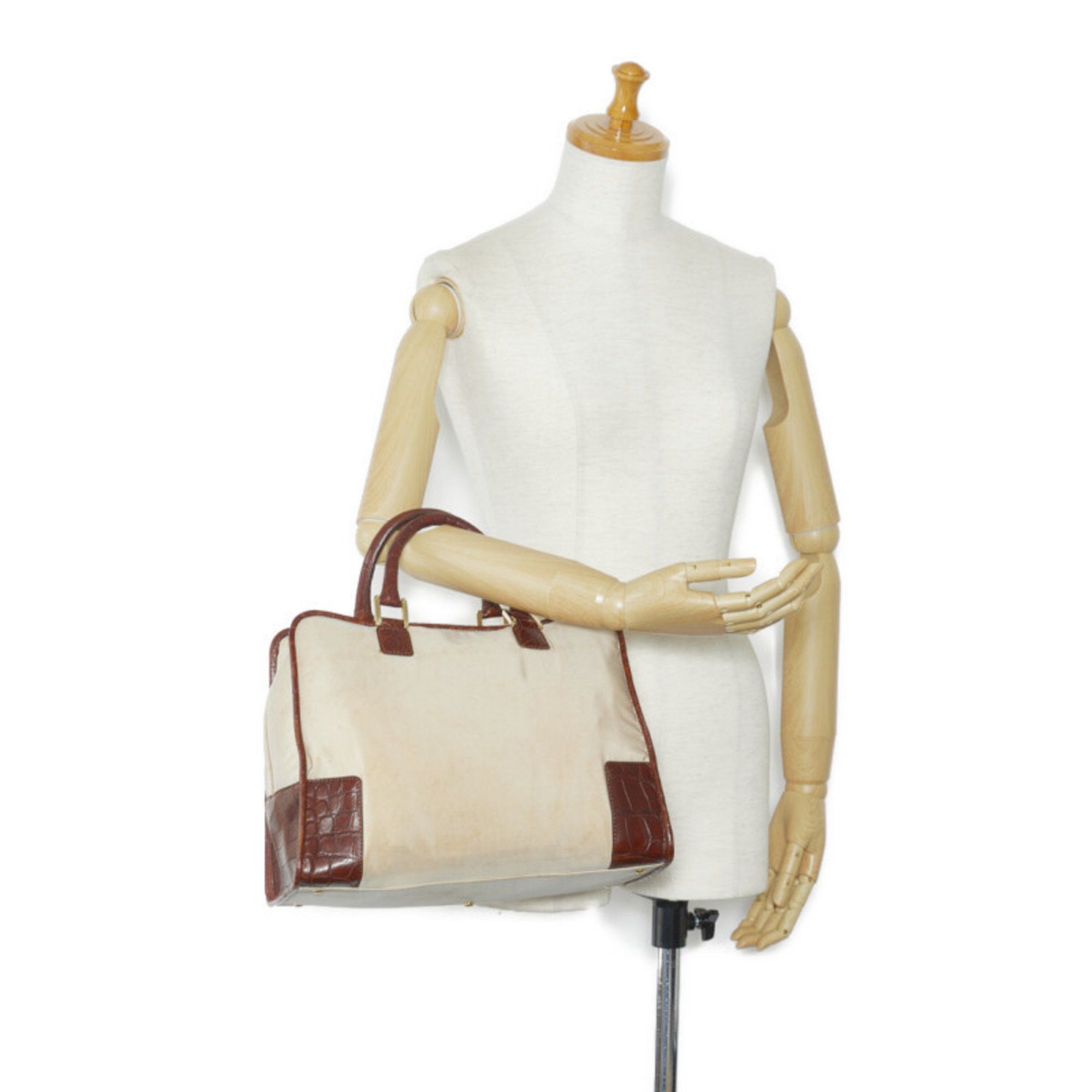 Loewe LOEWE Amazona Crocodile Embossed Handbag Mini Boston Bag Beige Brown Leather Nylon Women's Size ONE SIZE - 11 Thumbnail