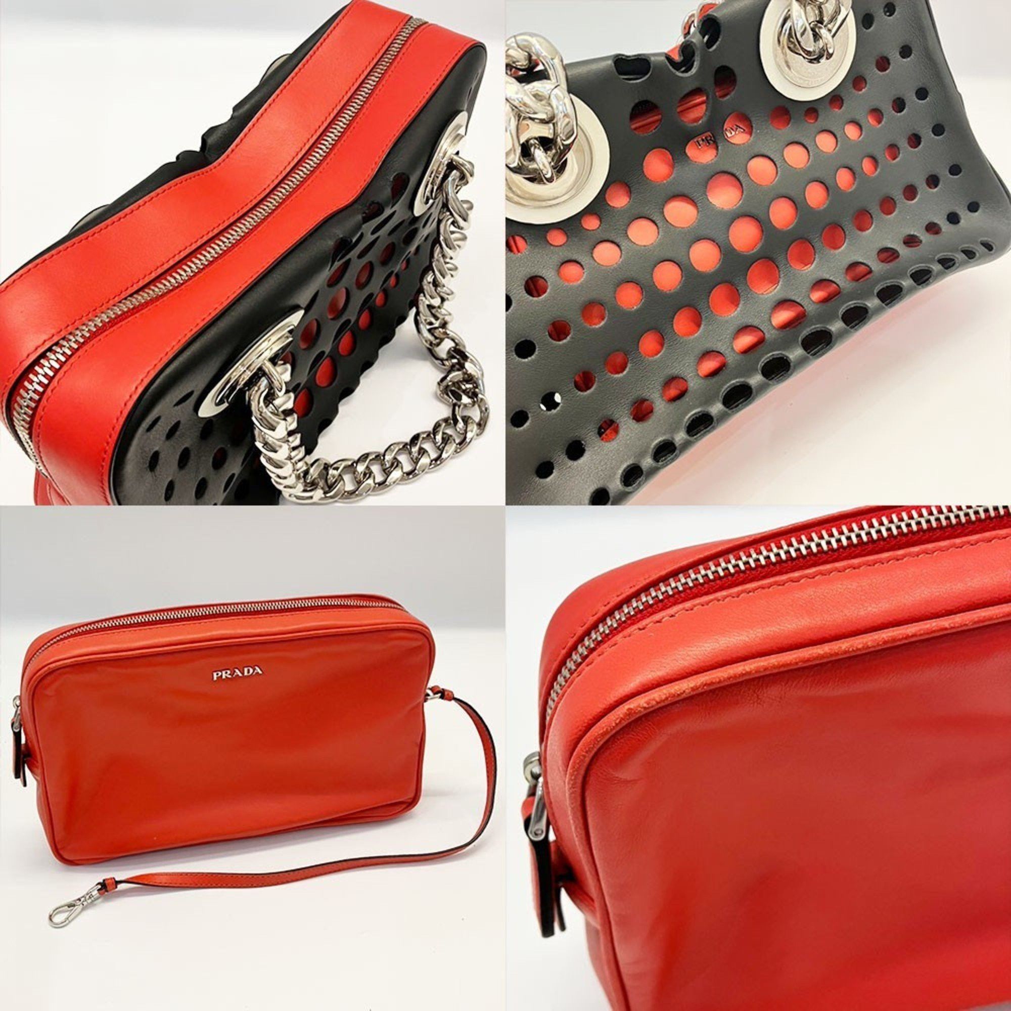 Prada Prada Bag Punching Chain Shoulder Tote Leather Bicolor Women's PRADA Black Size ONE SIZE - 5 Thumbnail