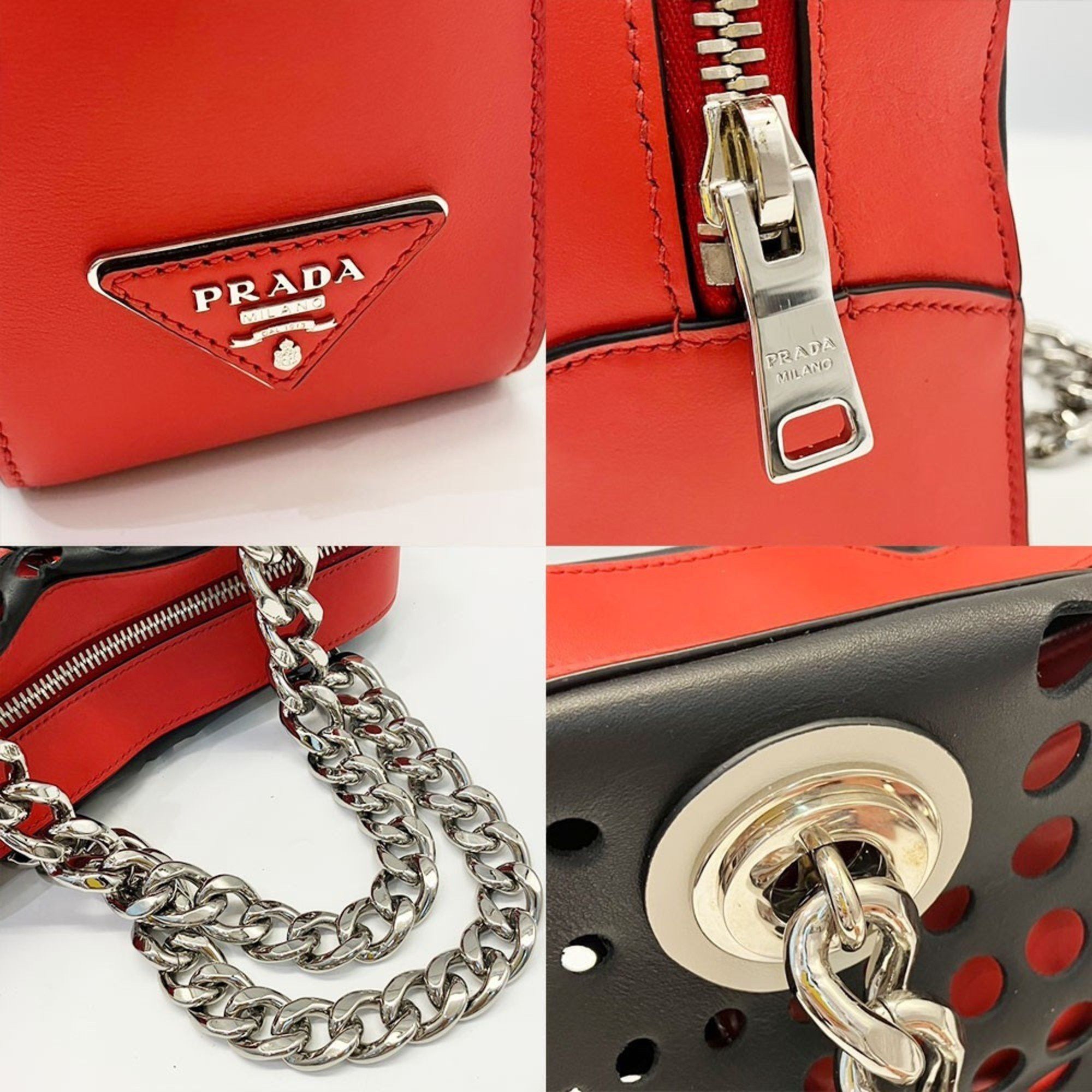 Prada Prada Bag Punching Chain Shoulder Tote Leather Bicolor Women's PRADA Black Size ONE SIZE - 4 Thumbnail