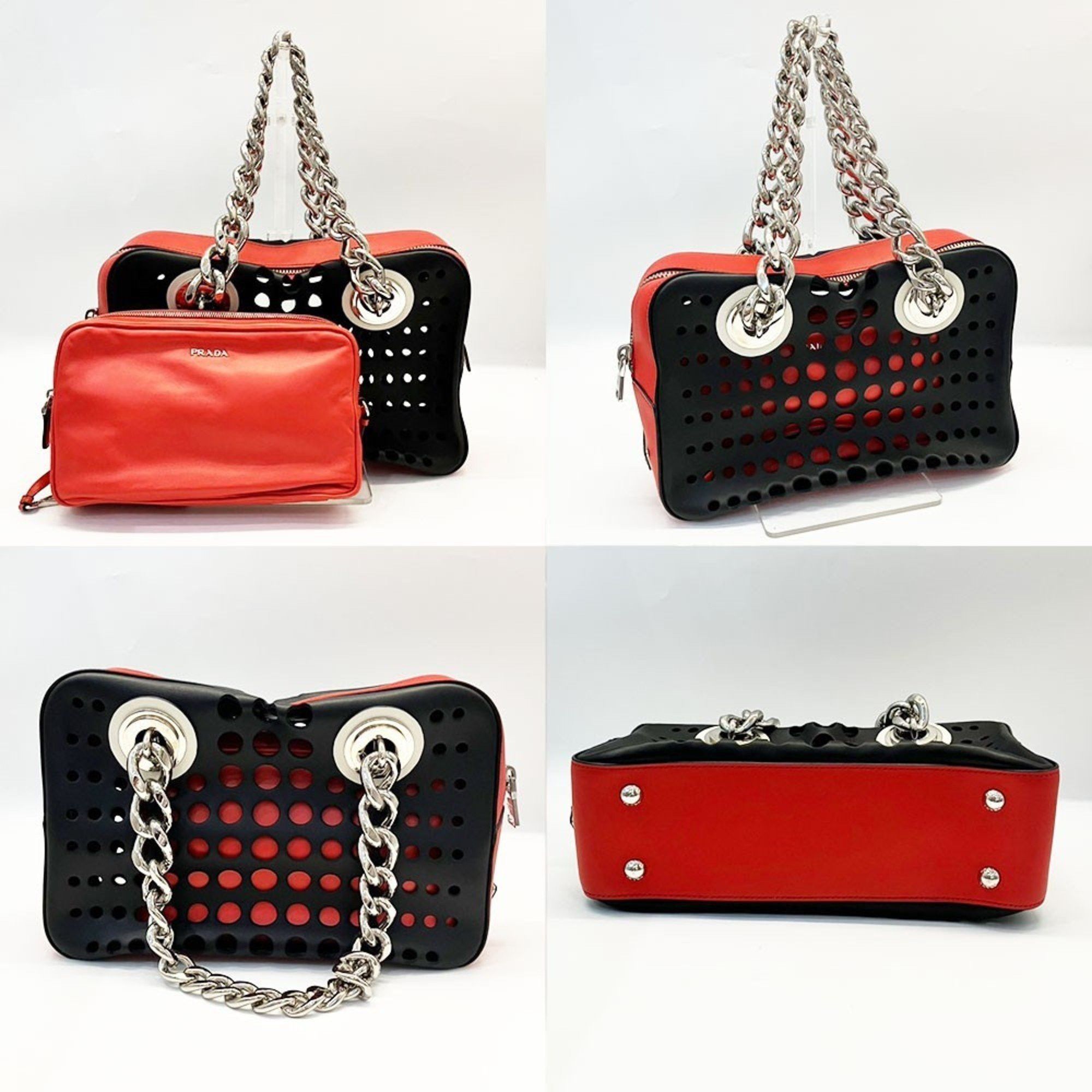 Prada Prada Bag Punching Chain Shoulder Tote Leather Bicolor Women's PRADA Black Size ONE SIZE - 2 Thumbnail