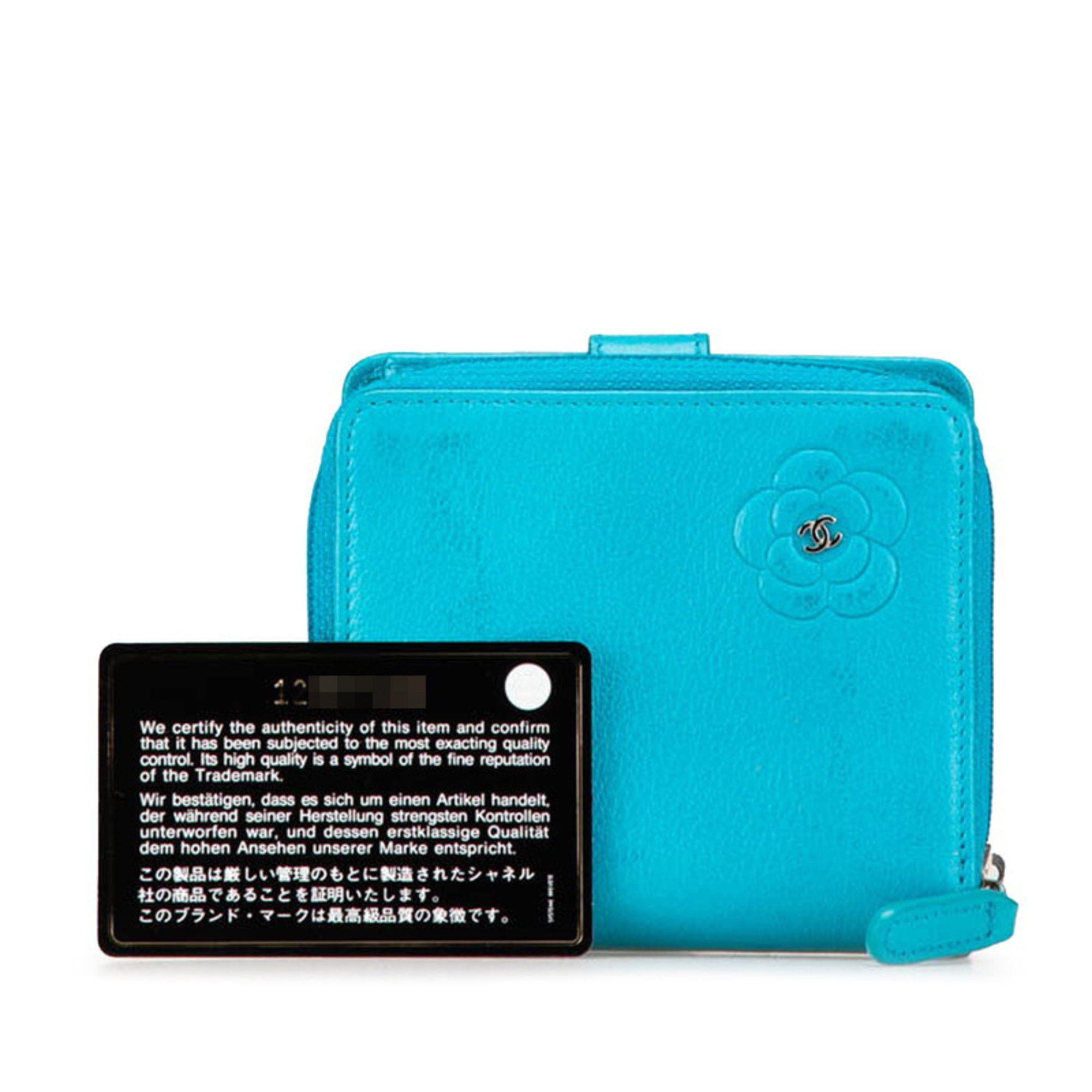 Chanel CHANEL Camellia Coco Mark Bi-fold Wallet Light Blue Lambskin Women's Size ONE SIZE - 13 Thumbnail