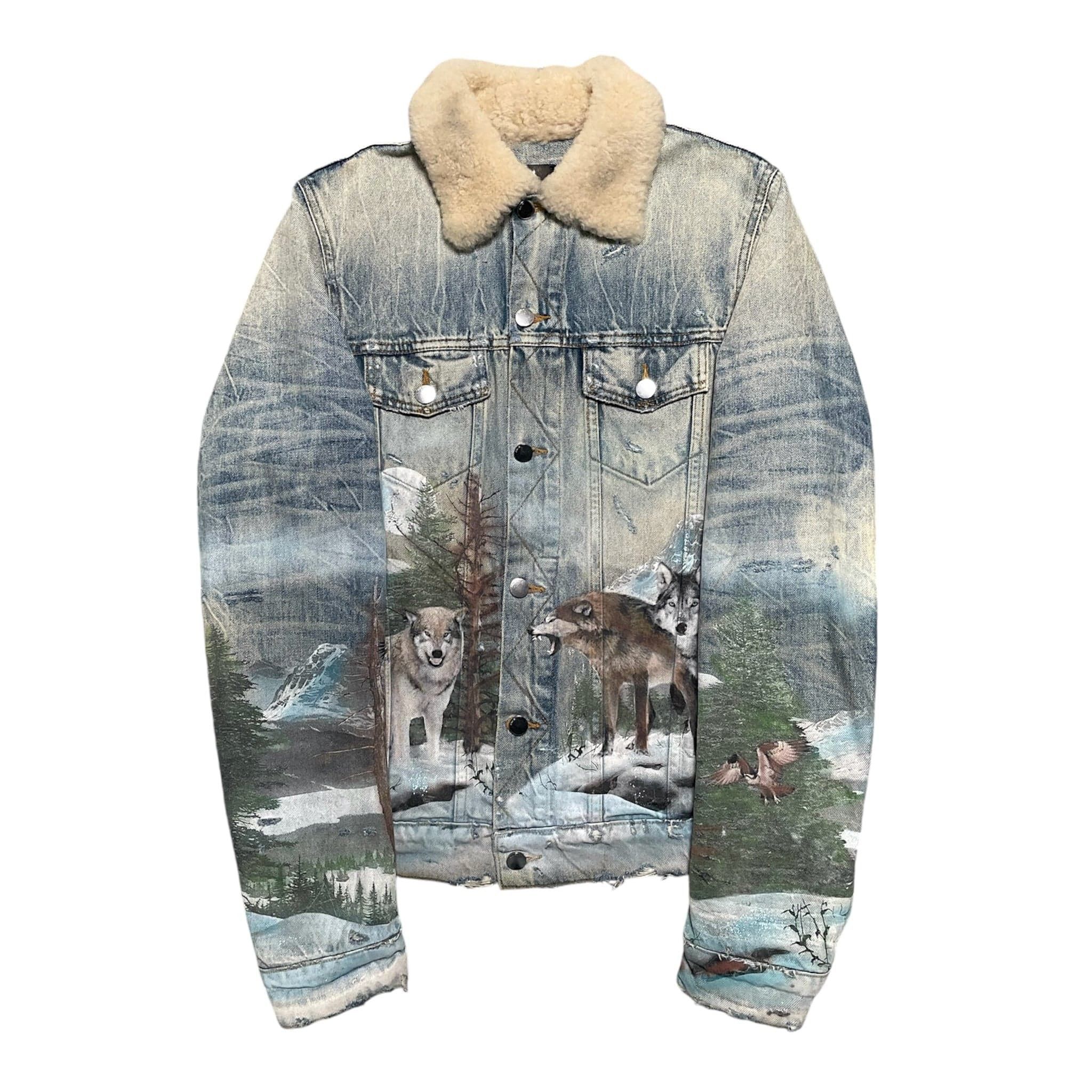 Amiri Shearling Distressed Painted Wolves Trucker Jacket In
