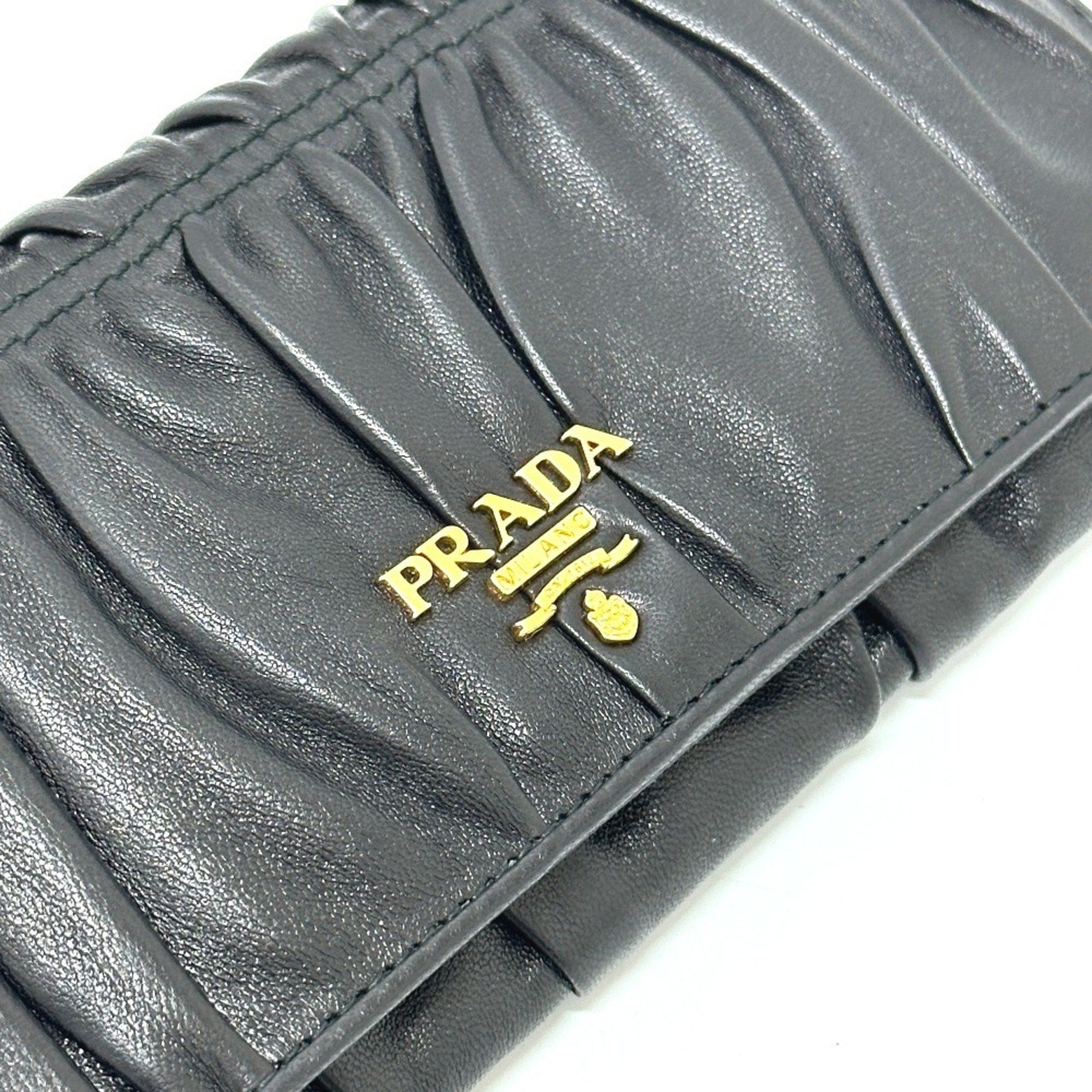 Prada PRADA 1M1132 Logo Gathered Bi-fold Long Wallet Leather Women's Black Size ONE SIZE - 6 Thumbnail
