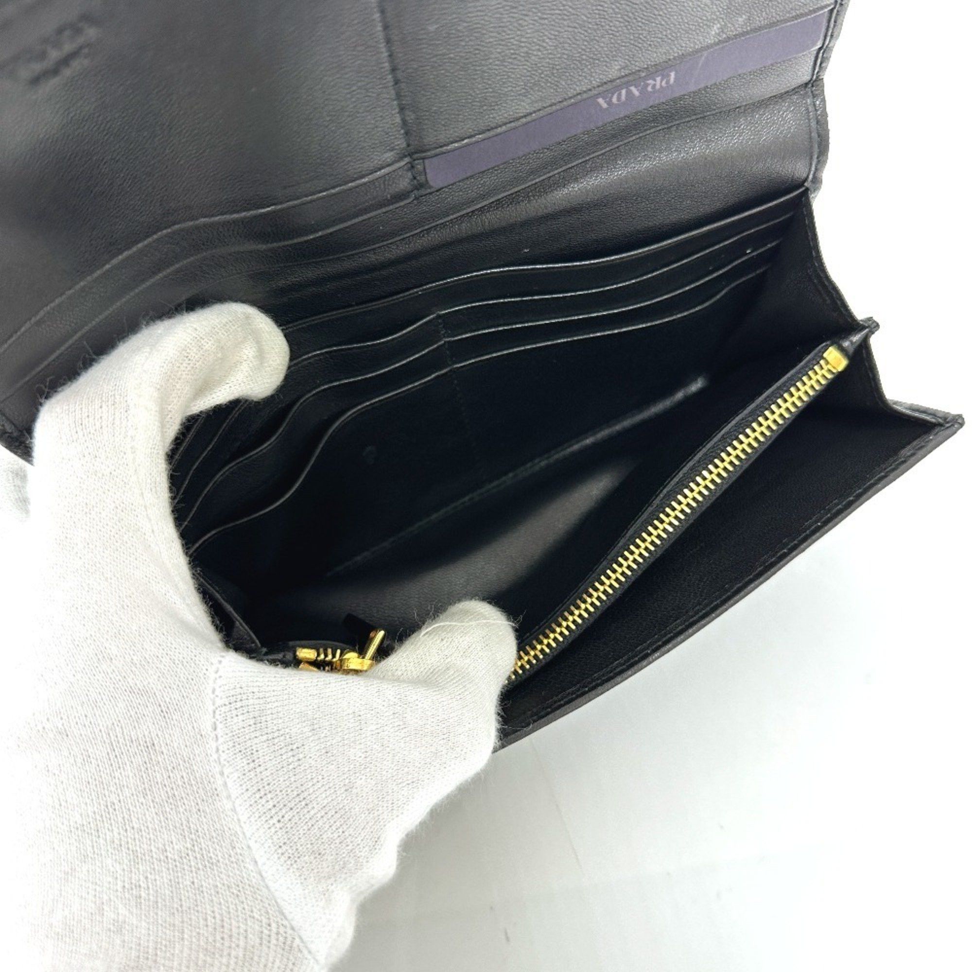 Prada PRADA 1M1132 Logo Gathered Bi-fold Long Wallet Leather Women's Black Size ONE SIZE - 10 Thumbnail