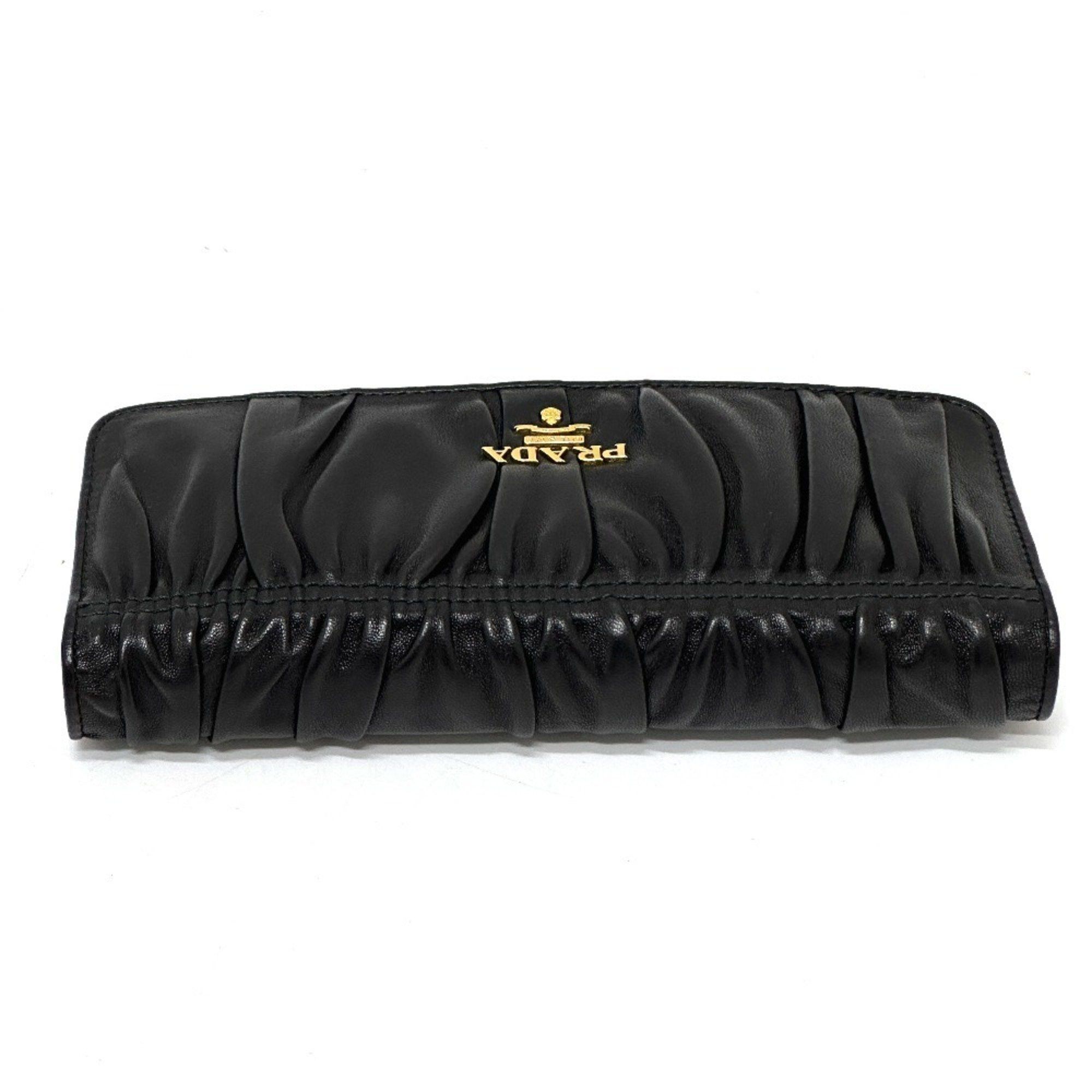 Prada PRADA 1M1132 Logo Gathered Bi-fold Long Wallet Leather Women's Black Size ONE SIZE - 7 Thumbnail