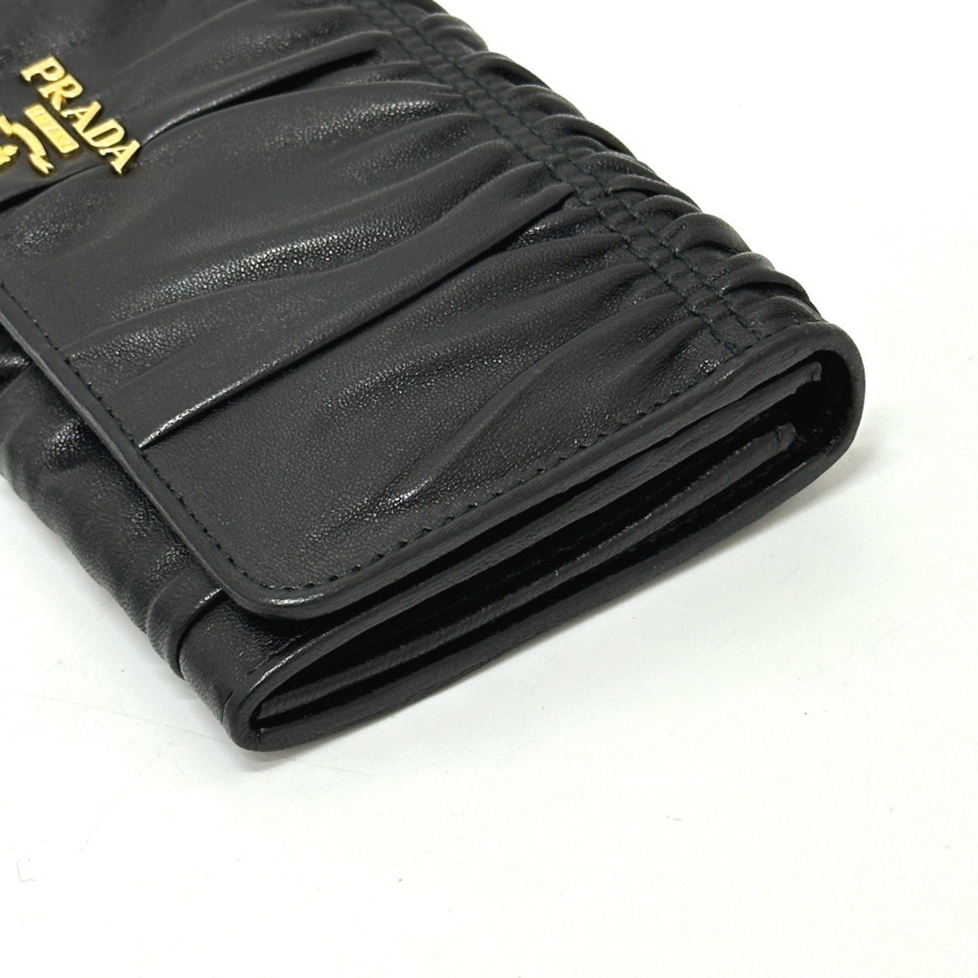 Prada PRADA 1M1132 Logo Gathered Bi-fold Long Wallet Leather Women's Black Size ONE SIZE - 4 Thumbnail