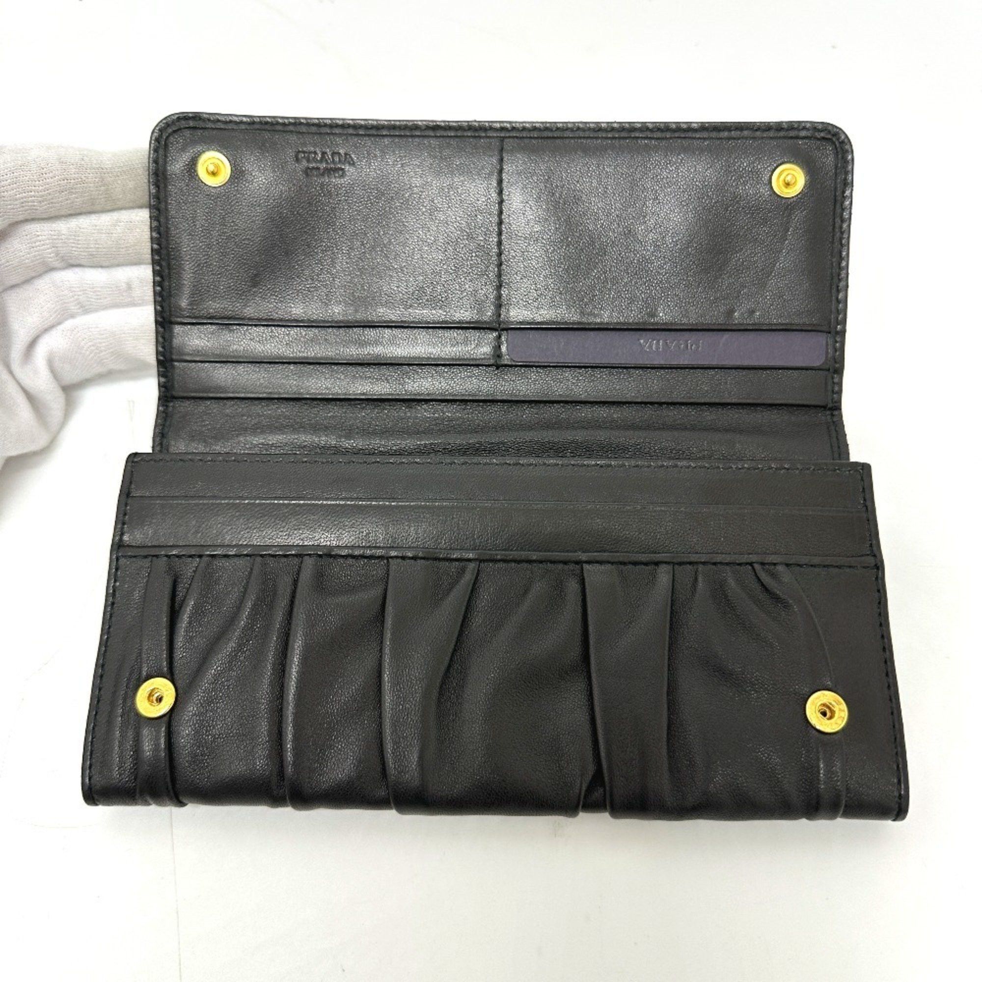 Prada PRADA 1M1132 Logo Gathered Bi-fold Long Wallet Leather Women's Black Size ONE SIZE - 8 Thumbnail