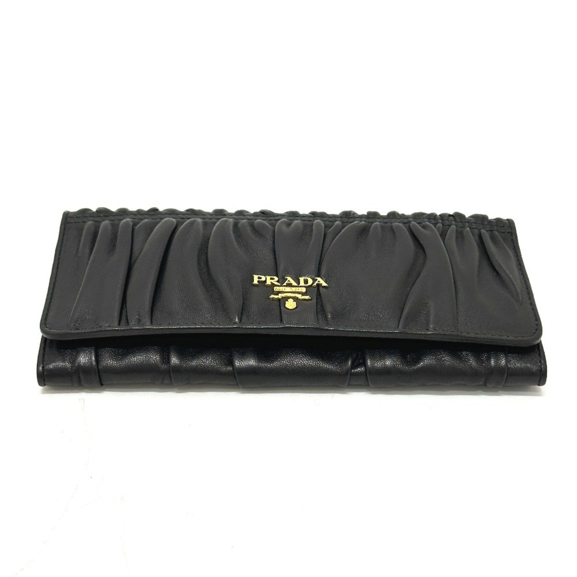 Prada PRADA 1M1132 Logo Gathered Bi-fold Long Wallet Leather Women's Black Size ONE SIZE - 3 Thumbnail