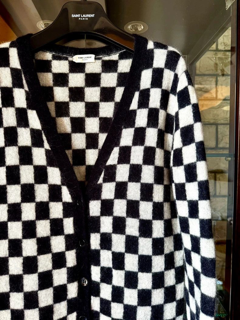 saint laurent black white checkered cardigan Sweaters Knitwear