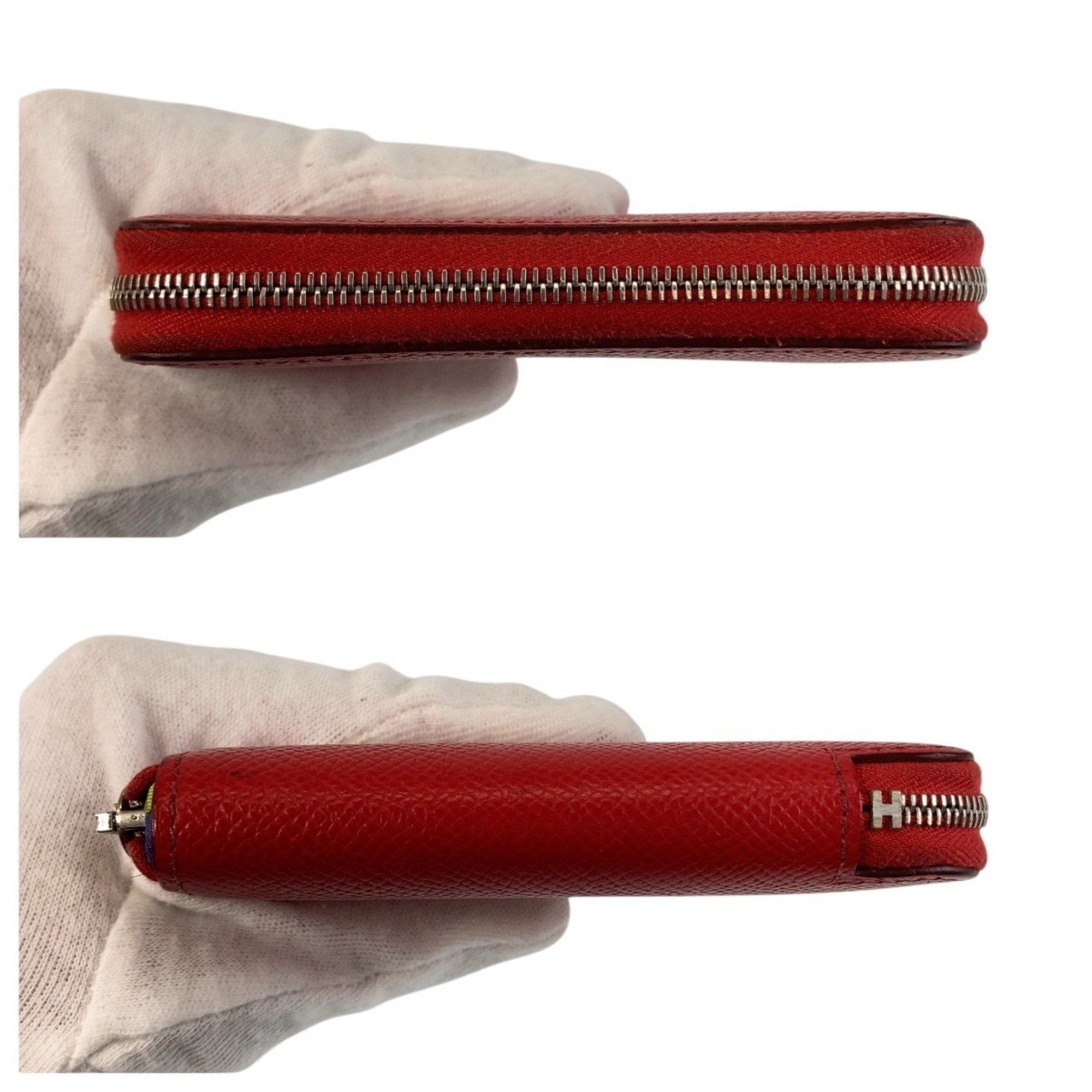 HERMES Azap Silkin Compact Wallet, Bougainvillea Pattern, Red, Silver Hardware, Epsom Leather, Silk, R Stamp, Women´s Wallets