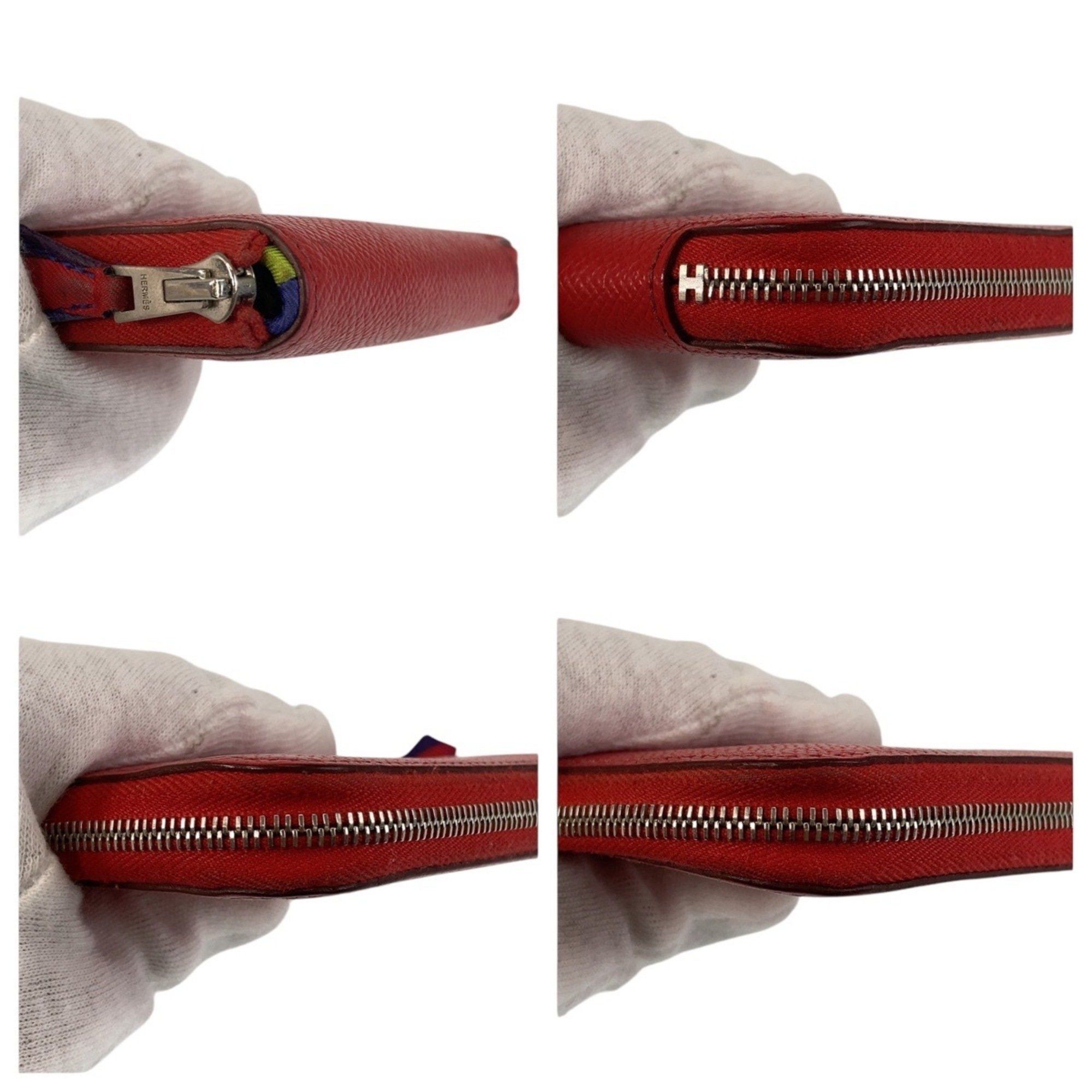 HERMES Azap Silkin Compact Wallet, Bougainvillea Pattern, Red, Silver Hardware, Epsom Leather, Silk, R Stamp, Women´s Wallets