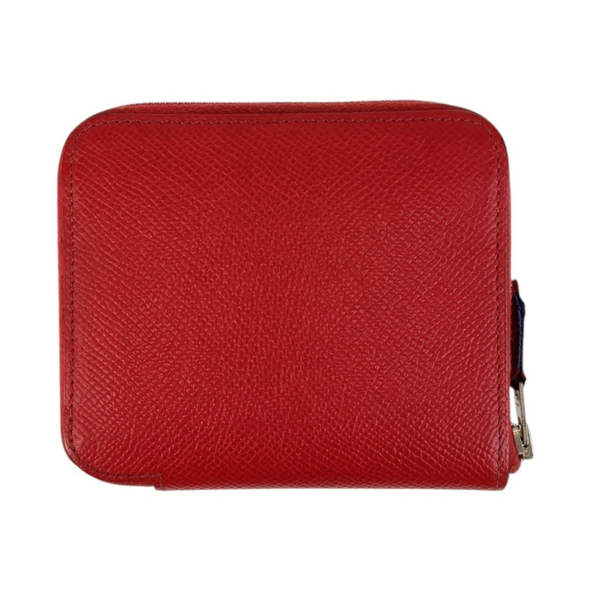 HERMES Azap Silkin Compact Wallet, Bougainvillea Pattern, Red, Silver Hardware, Epsom Leather, Silk, R Stamp, Women´s Wallets