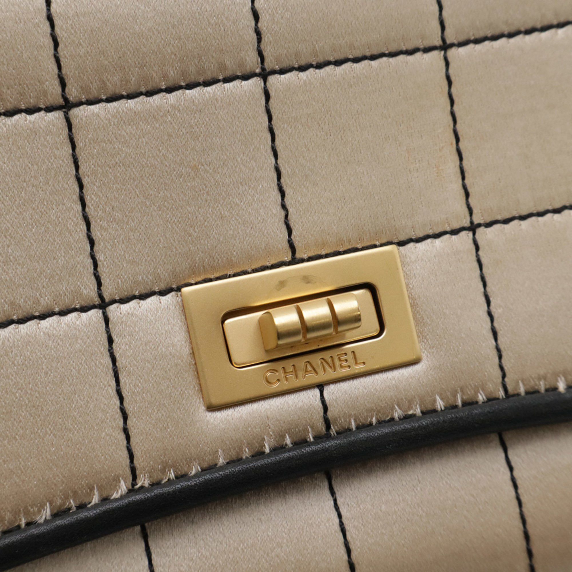CHANEL 2.55 Matelasse Chain Bag Shoulder Satin Leather Champagne Gold Black