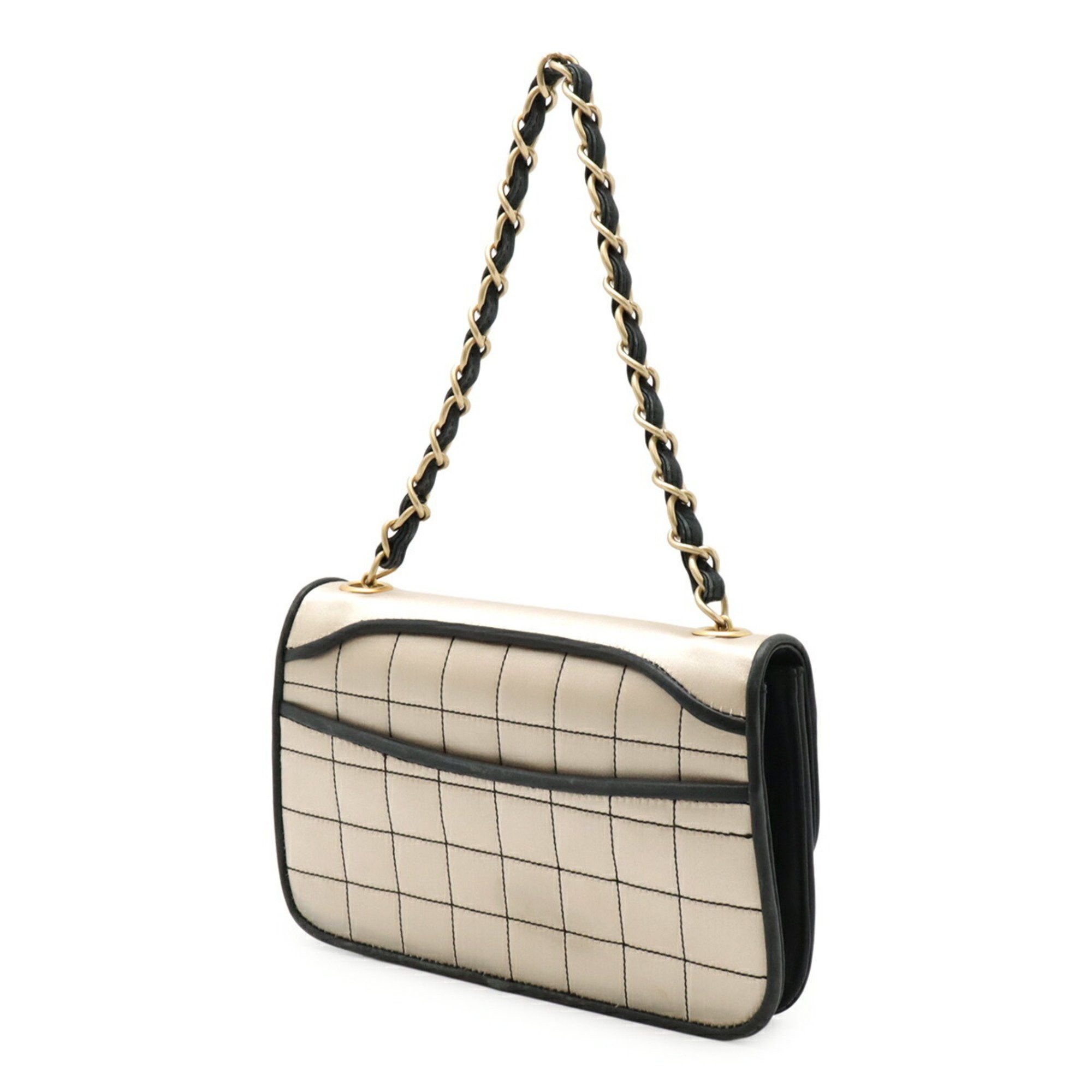 CHANEL 2.55 Matelasse Chain Bag Shoulder Satin Leather Champagne Gold Black
