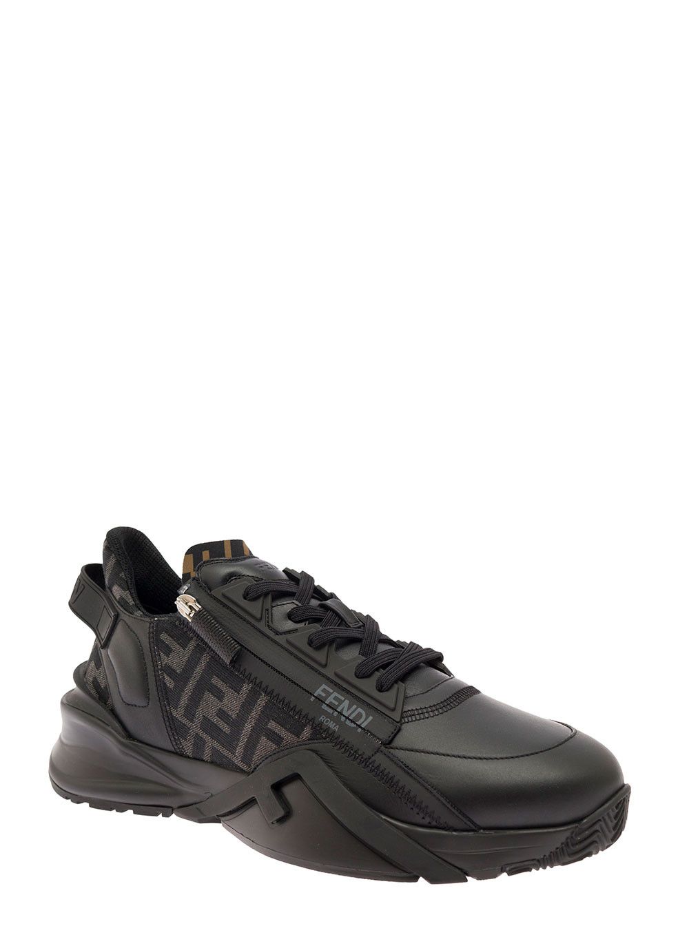 Fendi 'Fendi Flow' Black Sneaker with FF Logo and Zip Detail on the Side in Leather for Men Size US 10.5 / EU 43-44 - 2 Thumbnail