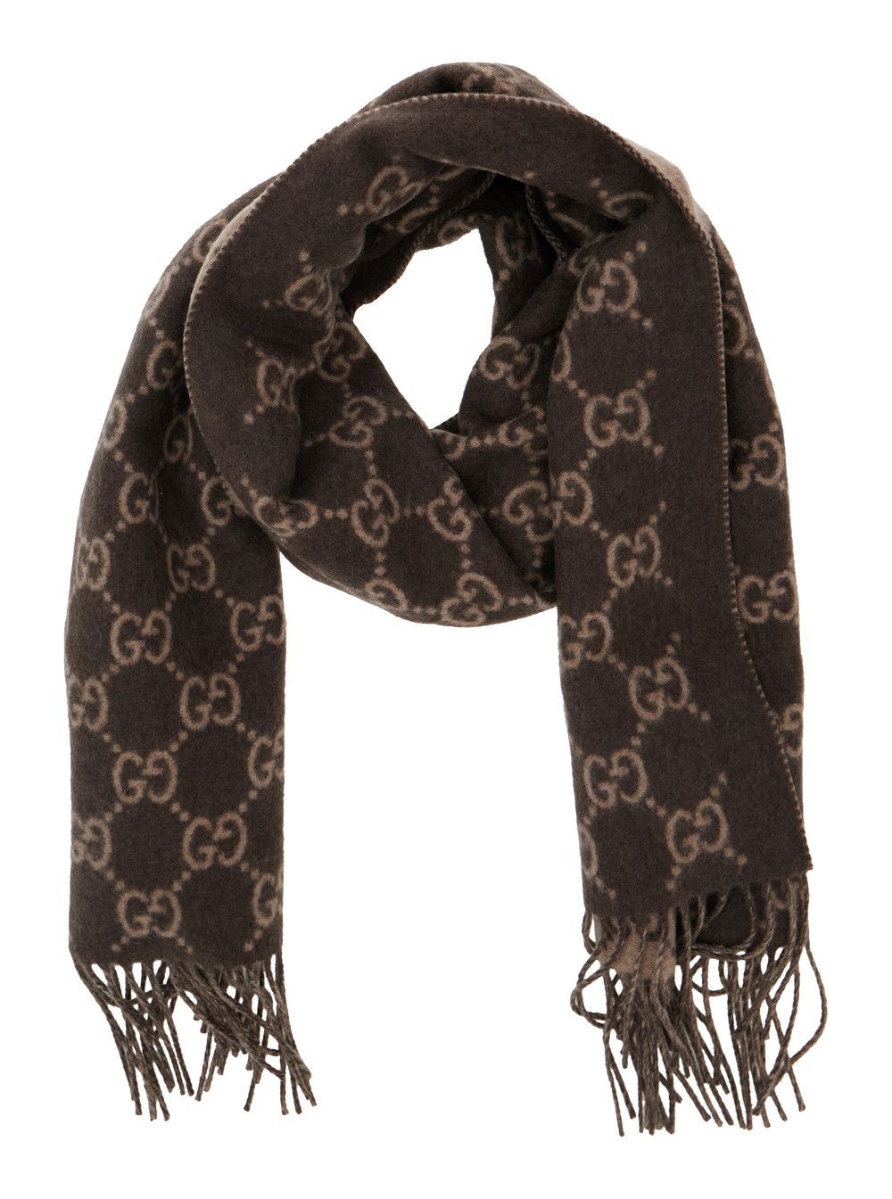Gucci Men's Brown Cashmere 'GG' Scarf with All-Over Motif and Fringed Hem Size ONE SIZE - 2 Thumbnail