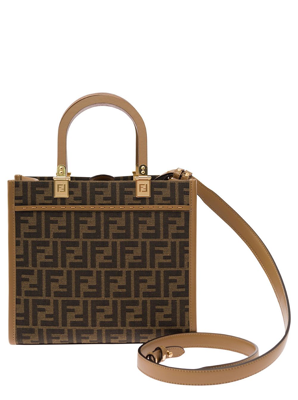 Fendi Sunshine Brown Small Tote Bag with FF Jacquard in Fabric and Leather for Women Size ONE SIZE - 4 Thumbnail