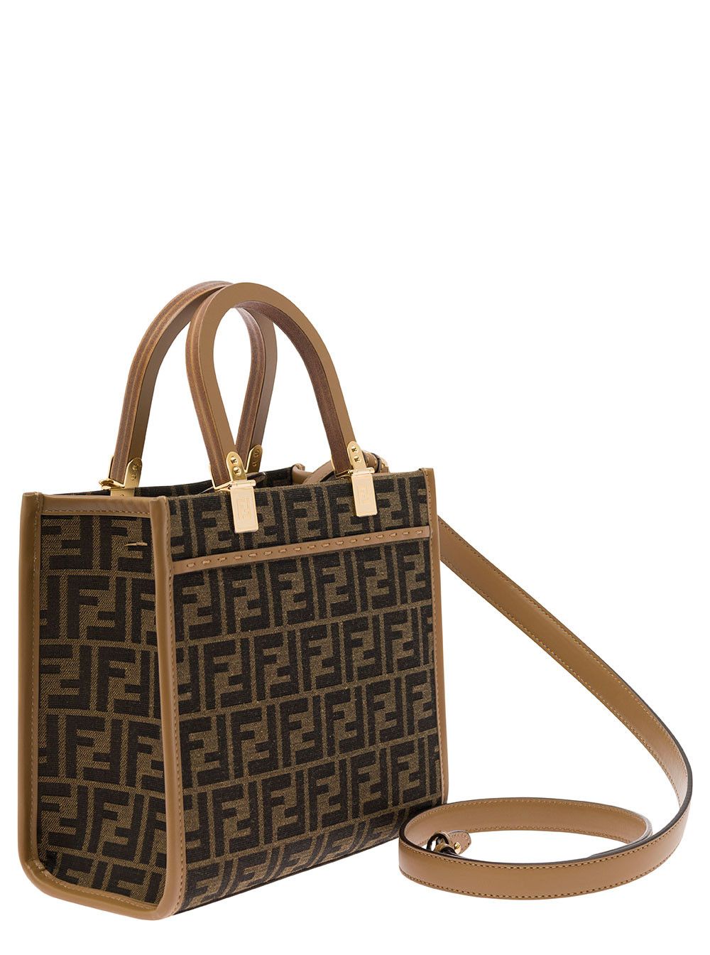 Fendi Sunshine Brown Small Tote Bag with FF Jacquard in Fabric and Leather for Women Size ONE SIZE - 3 Thumbnail