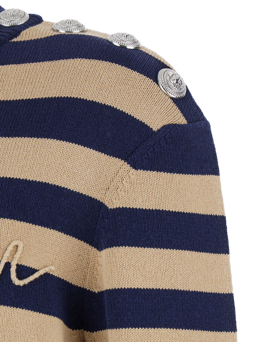 Balmain Blue Crewneck Sweater with Logo Lettering on the Front and All-Over Striped Motif in Wool Woman Size US XL / EU 56 / 4 - 3 Thumbnail