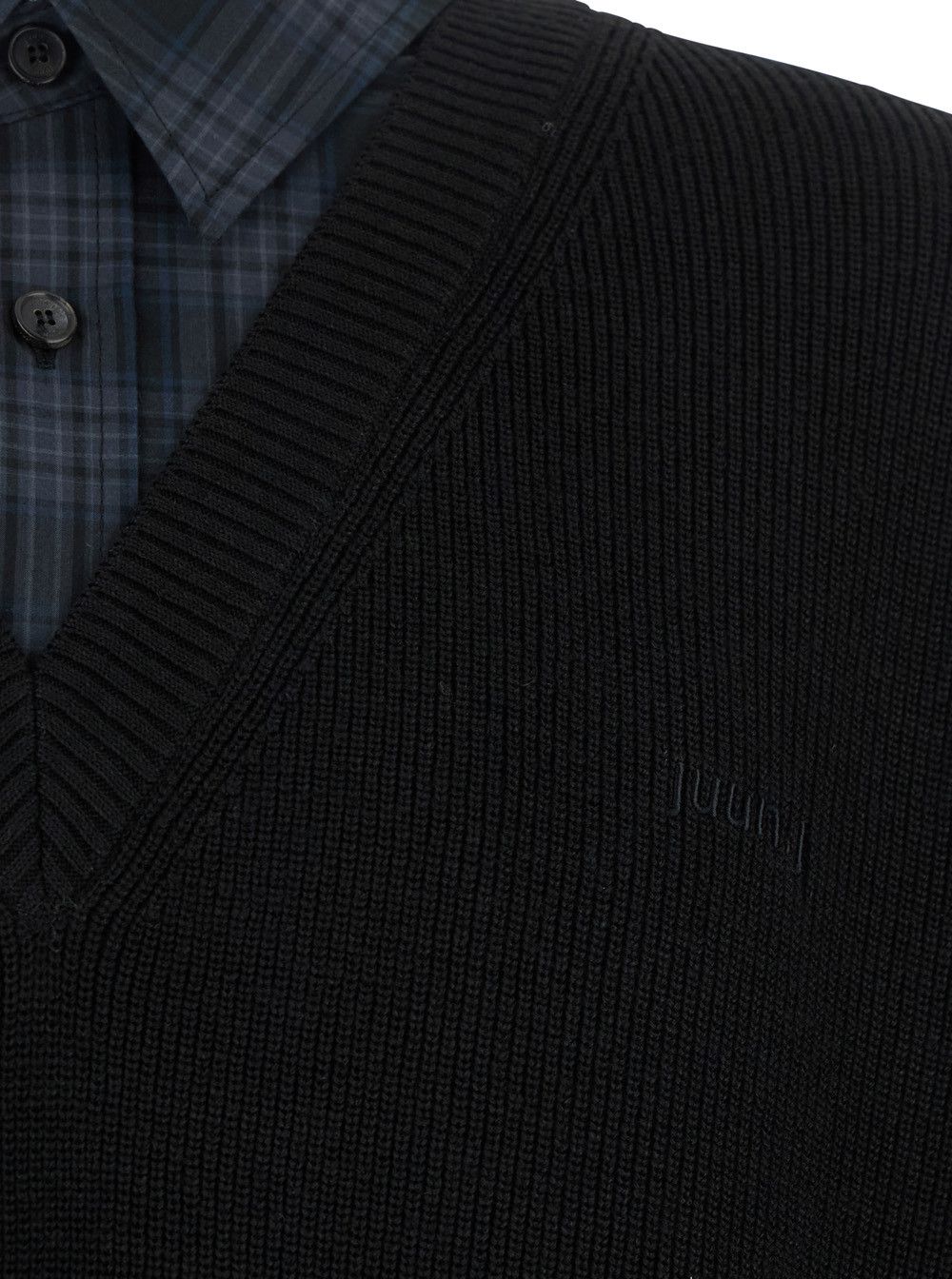 Juun.J Black Sweater with Layered Design and Classic Collar in Cotton and Wool Blend Man Size US L / EU 52-54 / 3 - 3 Thumbnail