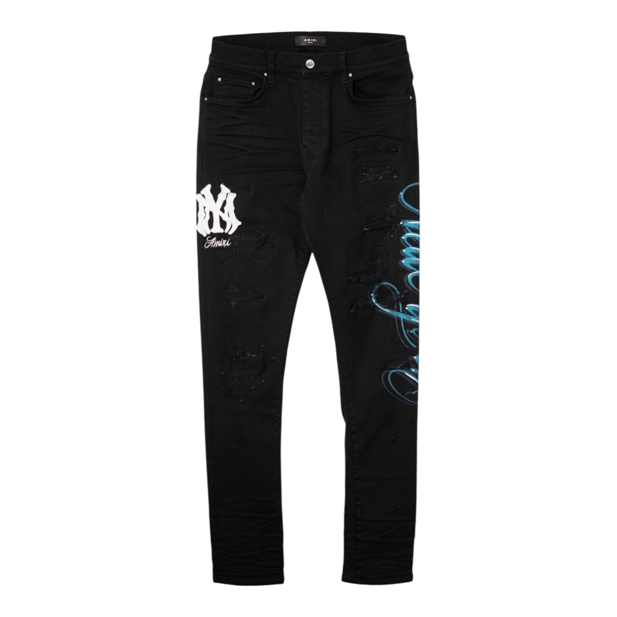 Amiri MA New York Airbrush Logo Jeans Overdyed Black Blue Wh