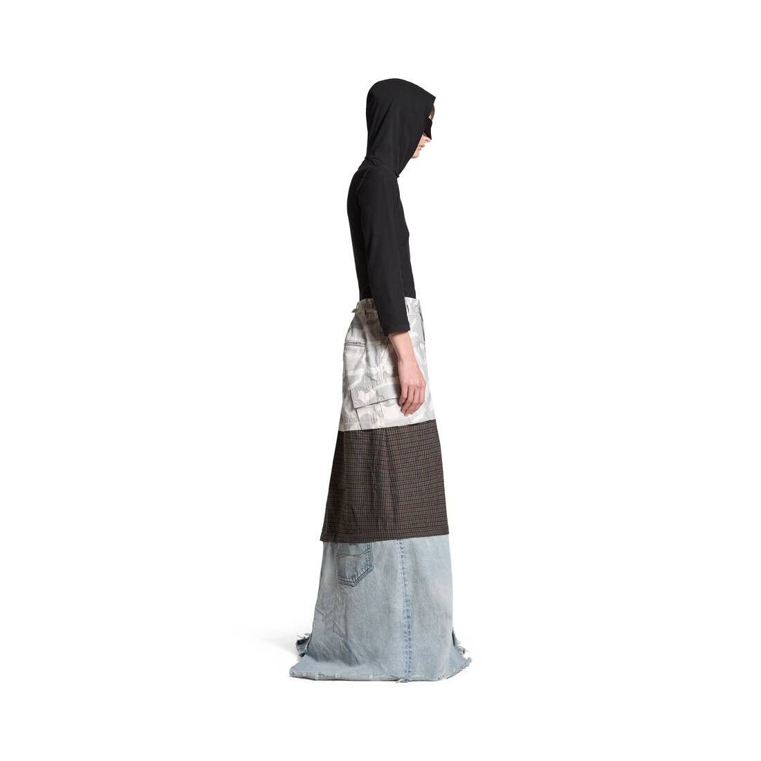 Grayscale Camo Maxi Layered Cargo Skirt in Multicolored