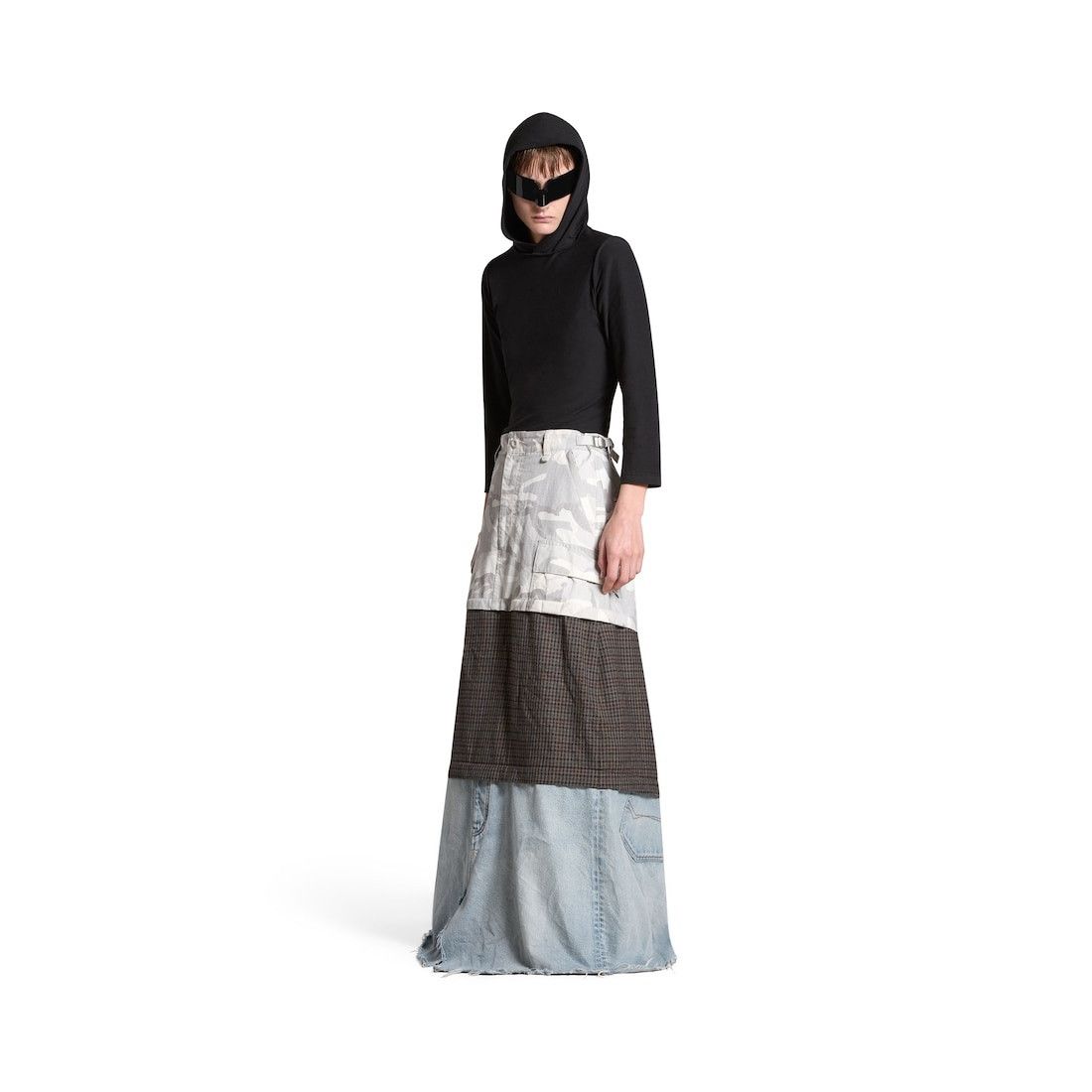 Grayscale Camo Maxi Layered Cargo Skirt in Multicolored