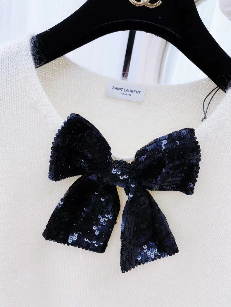 Yves Saint Laurent Black Bow Sequin White Knit Sweater Size XS / US 0-2 / IT 36-38 - 3 Thumbnail