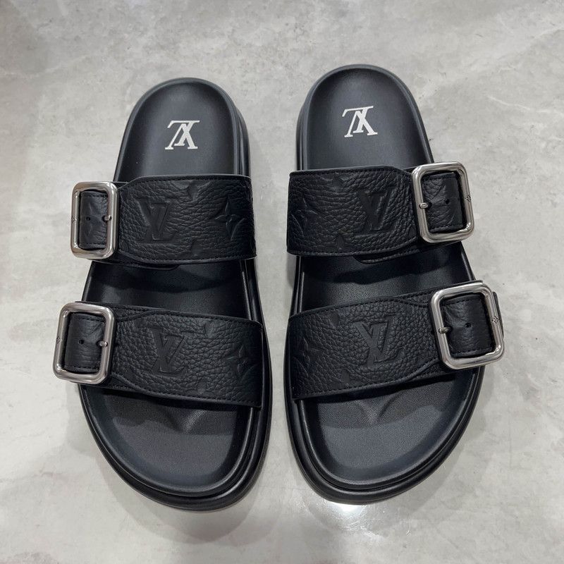 Louis Vuitton Louis Vuitton Black Leather Slide Sandals for Men 0079 Size US 7.5 / EU 40-41 - 2 Thumbnail