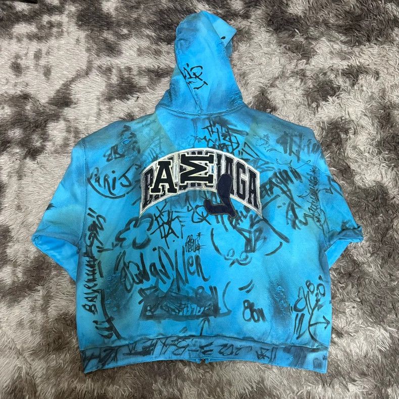 Balenciaga Balenciaga 23AW Blue Distressed Zip Hoodie Size US XXL / EU 58 / 5 - 2 Thumbnail