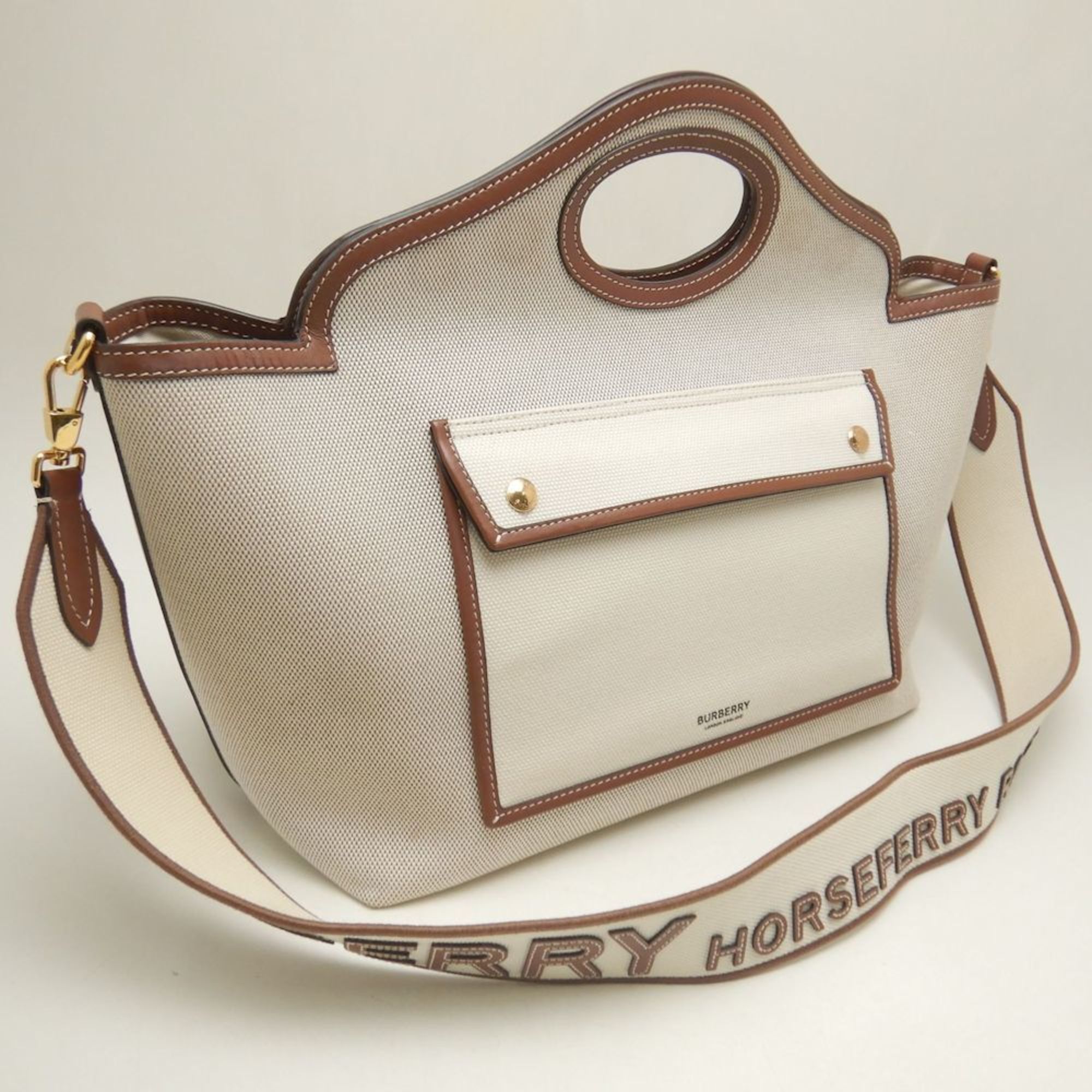 Burberry BURBERRY Small Soft Pocket Tote Bag 8041803 Canvas and Leather Natural Tan 252966 Size ONE SIZE - 2 Thumbnail