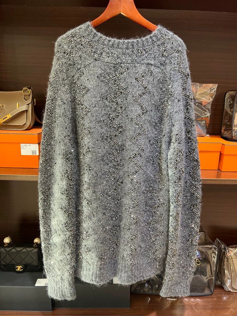 Yves Saint Laurent YSL Rhinestone-Embellished Gray Sweater Size US L / EU 52-54 / 3 - 4 Thumbnail